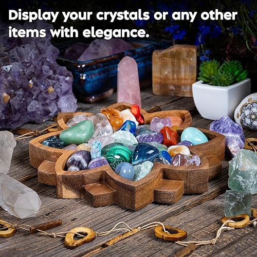 Vista 3 de Curawood Bandeja de exhibición de cristal Lotus Muestra tus gemas, piedras curativas y tesoros Cuenco de madera para rocas de 8 x 8 pulgadas