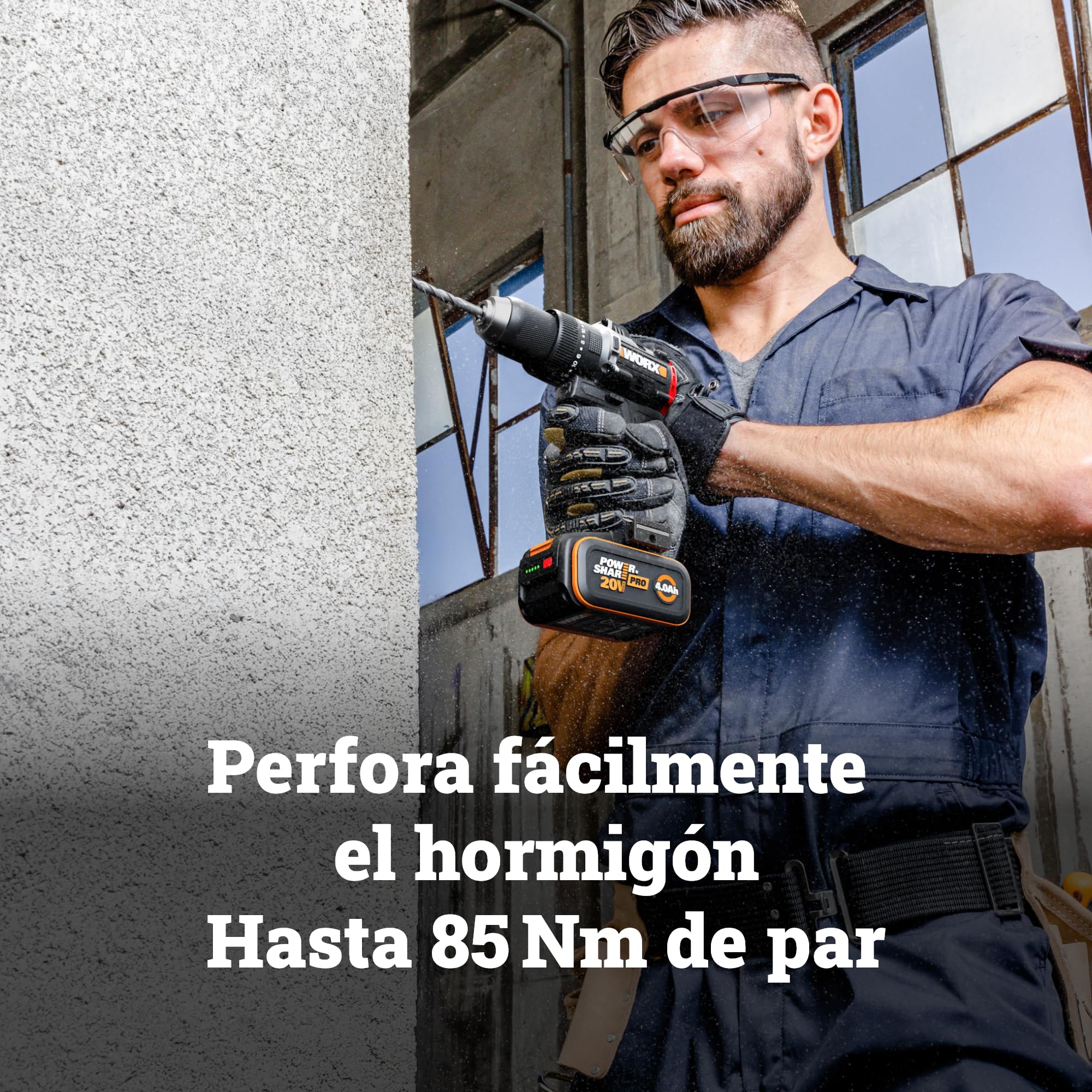 WORX - Taladro atornillador de percusión inalámbrico de 20 V WX356, par máximo de 85 Nm, motor sin rosca, diseño compacto, iluminación led integrada, viene con 2 baterías, cargador, mango auxiliar