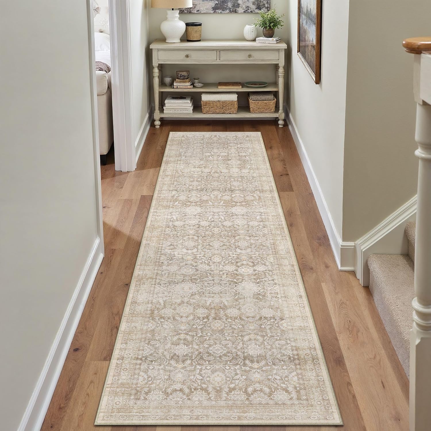 2x8 Beige Washable Floral Hallway Runner Rug Kitchen Vintage Traditional Low Pile Non Slip Long Area Rug Retro Distressed Soft Carpet Entryway Beside Bed Living Room Office Porch