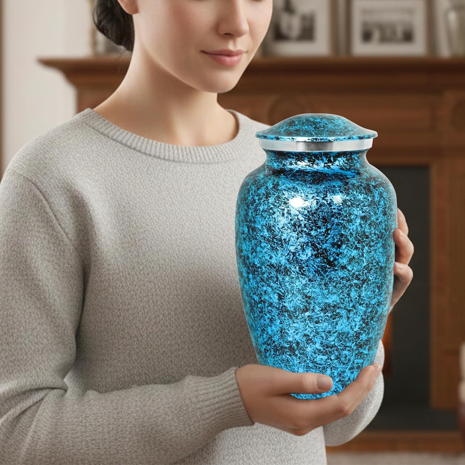 ALPHA Living HOME Large Cremation Urn for Human Ashes - Handcrafted Decorative Funeral Urn with Marble Finish - Memorial Urn for Adult Ash with Secure Threaded Lid Holds Up to 200 lbs 11" (Blue) - Image 3
