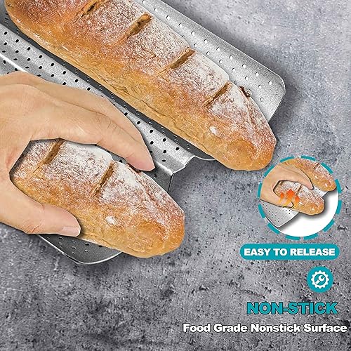 Miniatura 7 de Anaeat Molde para hornear pan francés perforado antiadherente, 15 x 6.3 pulgadas, molde para tostadas premium, plateado