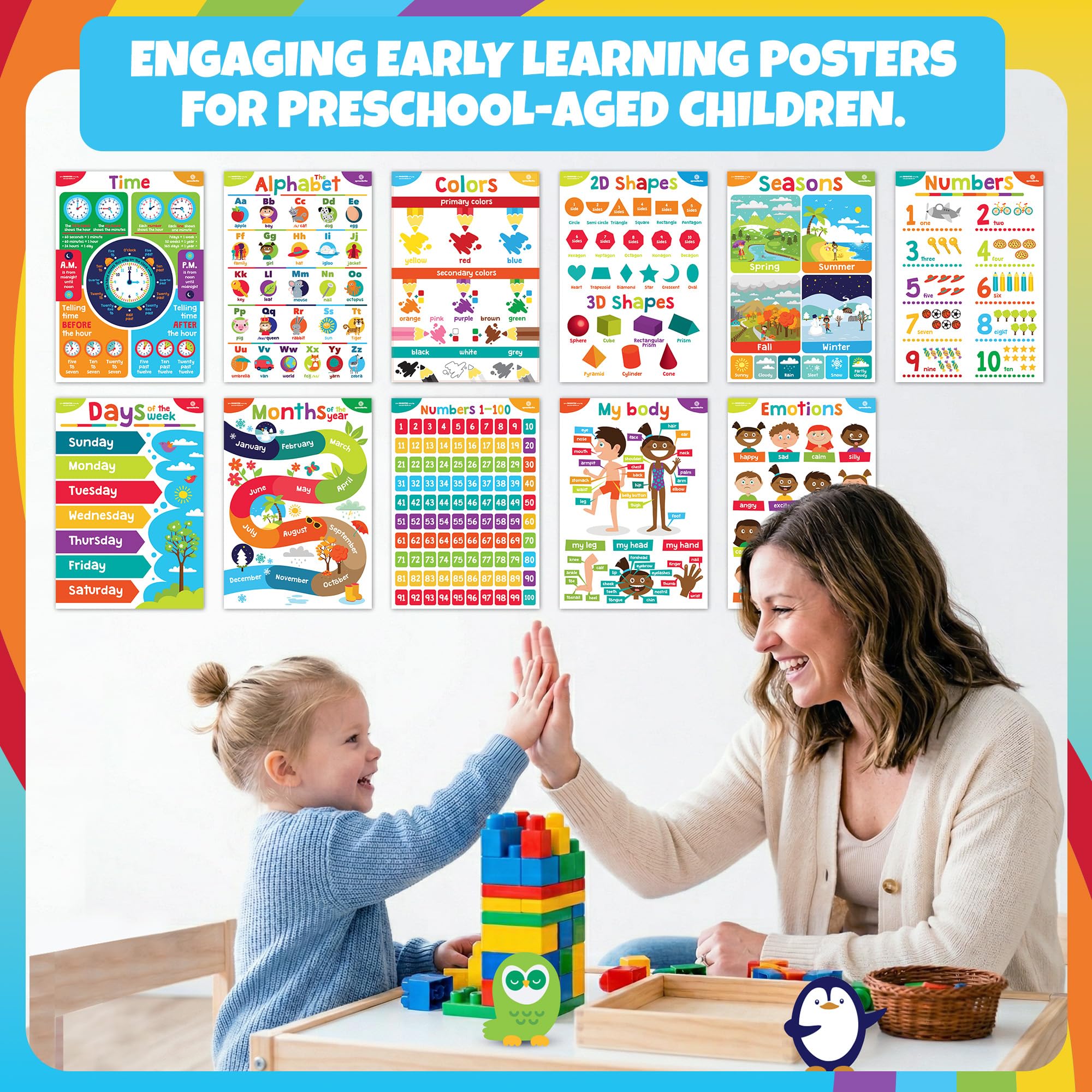 Sproutbrite Poster educativi per bambini – Decorazioni per aule – Materiali per la scuola materna – Decorazione per l'apprendimento prescolare – Poster ABC – 11 grafici per l'apprendimento a distanza