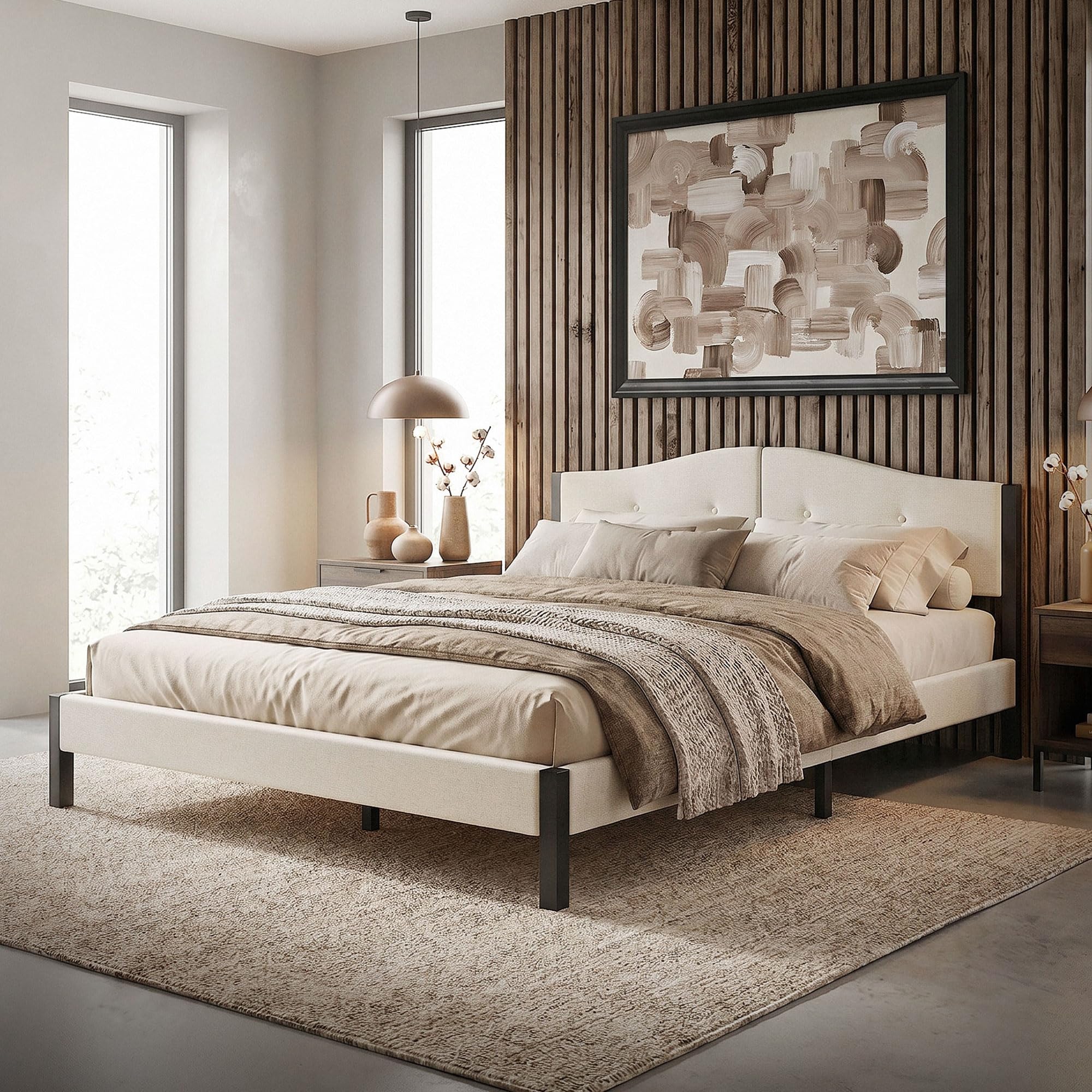 ML-Design Lit Rembourré 160x200 cm, Cadre de Lit Double avec Sommier à Lattes et Têtière, Capitonné en Tissu de Lin Beige, Structure Stable en Acier, Mobilier pour Chambre à Coucher, Montage Simple