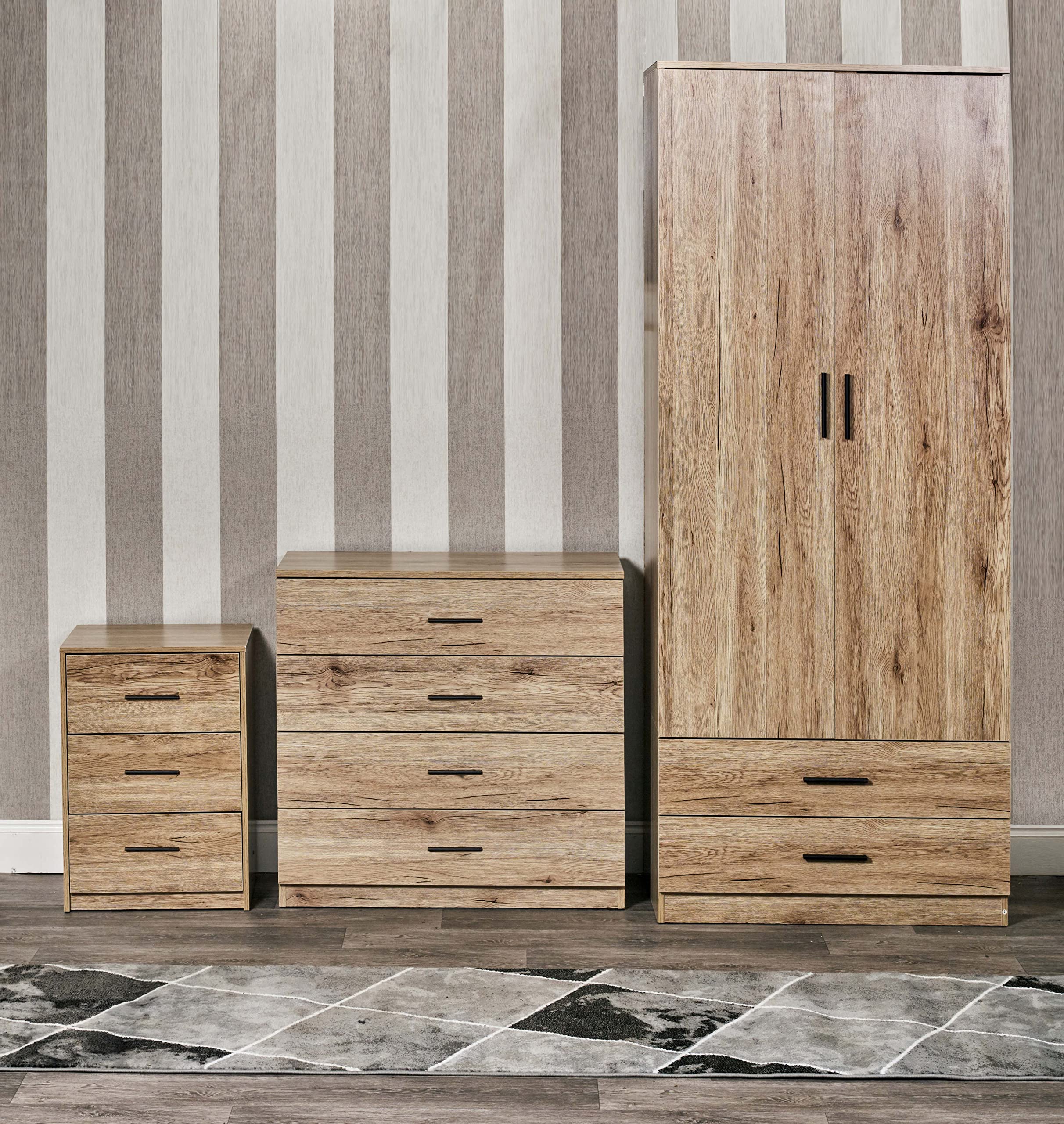 Urbn-Living Urbnliving Height 180Cm 4 Piece Wooden Bedroom Set Oak Wardrobe Chest Cabinet Bedside Table Clothes Storage from B&Q