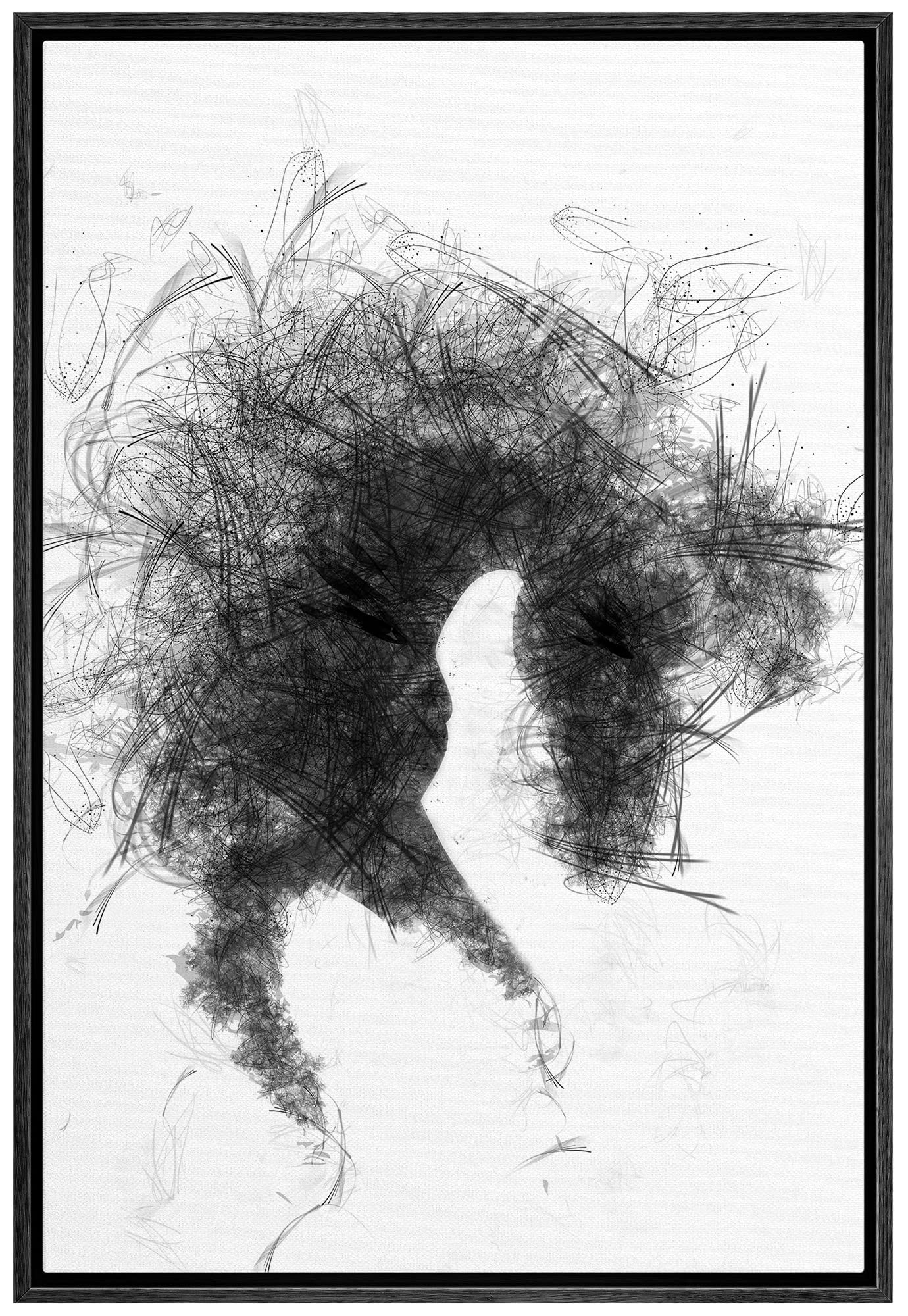 IDEA4WALL Framed Canvas Print Wall Art Black Smoke & Scribble Effect Horse Portrait Animals Wildlife Illustrations Modern Art Chic Black and White for