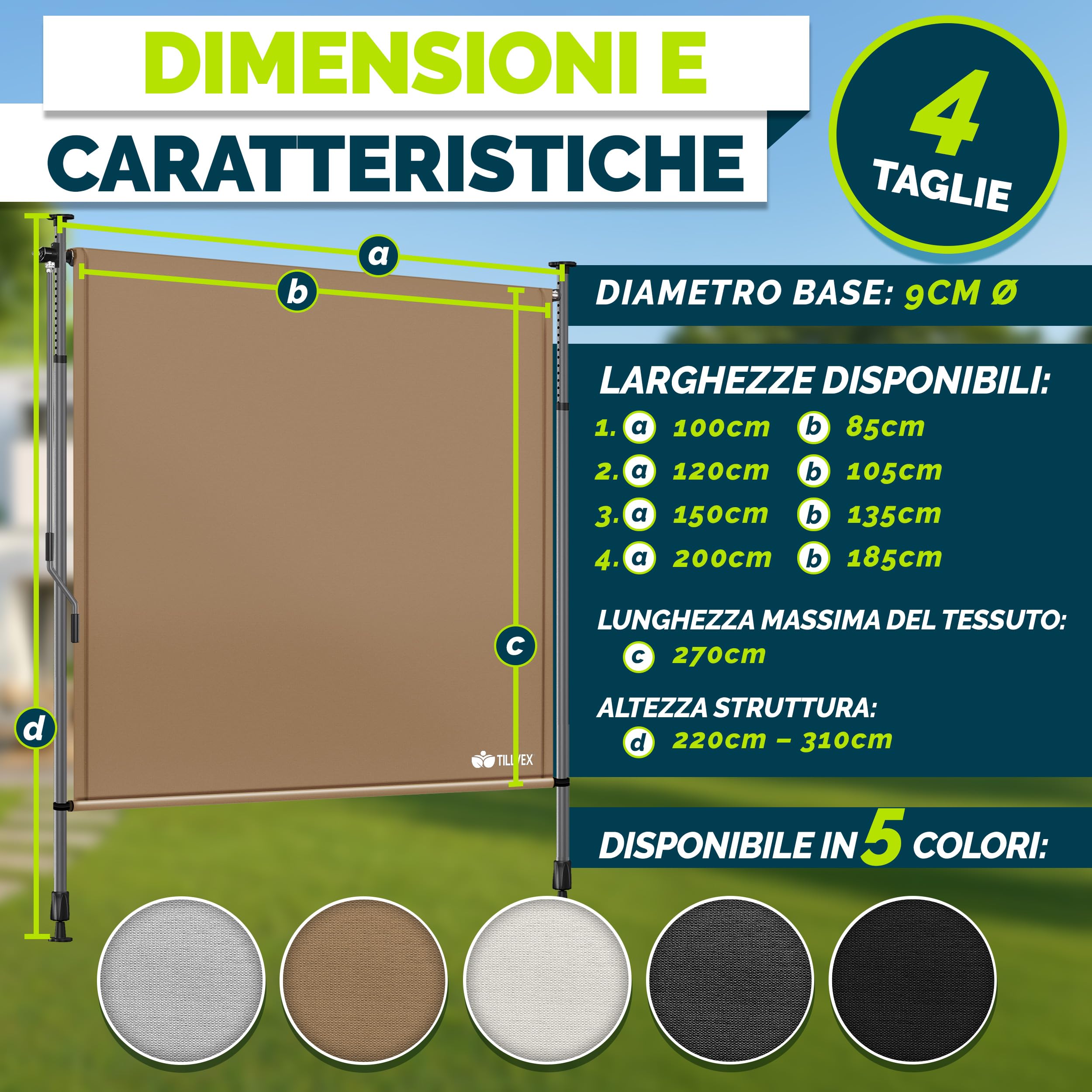 Tillvex Tenda da sole verticale per esterni 200 x 310 cm Taupe con manovella frangivista estraibile opaca balcone terrazza resistente intemperie