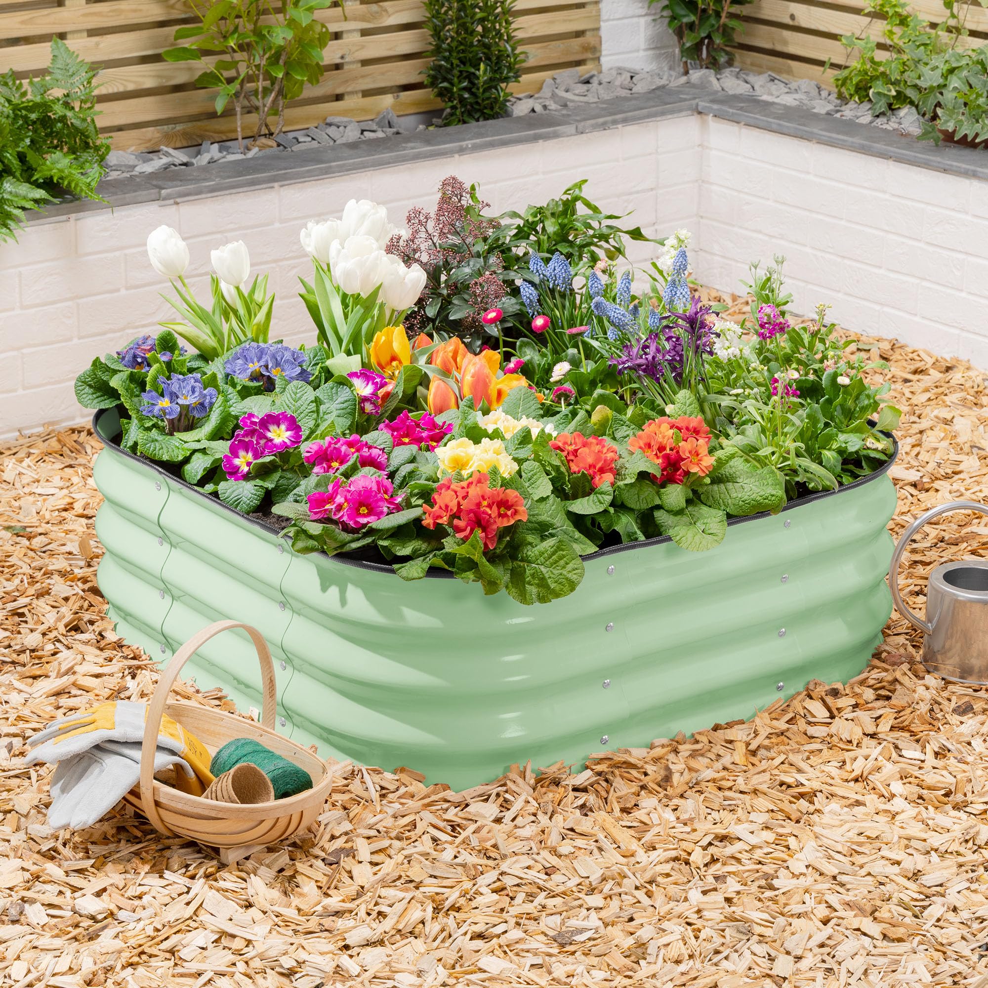CHRISTOW Square Raised Garden Bed – 90cm x 90cm x 30cm, Sage Green Galvanised Steel Planter, Open Base for Drainage, Outdoor Grow Bed for Plants, Flowers & Vegetables, Protective Rubber Rim