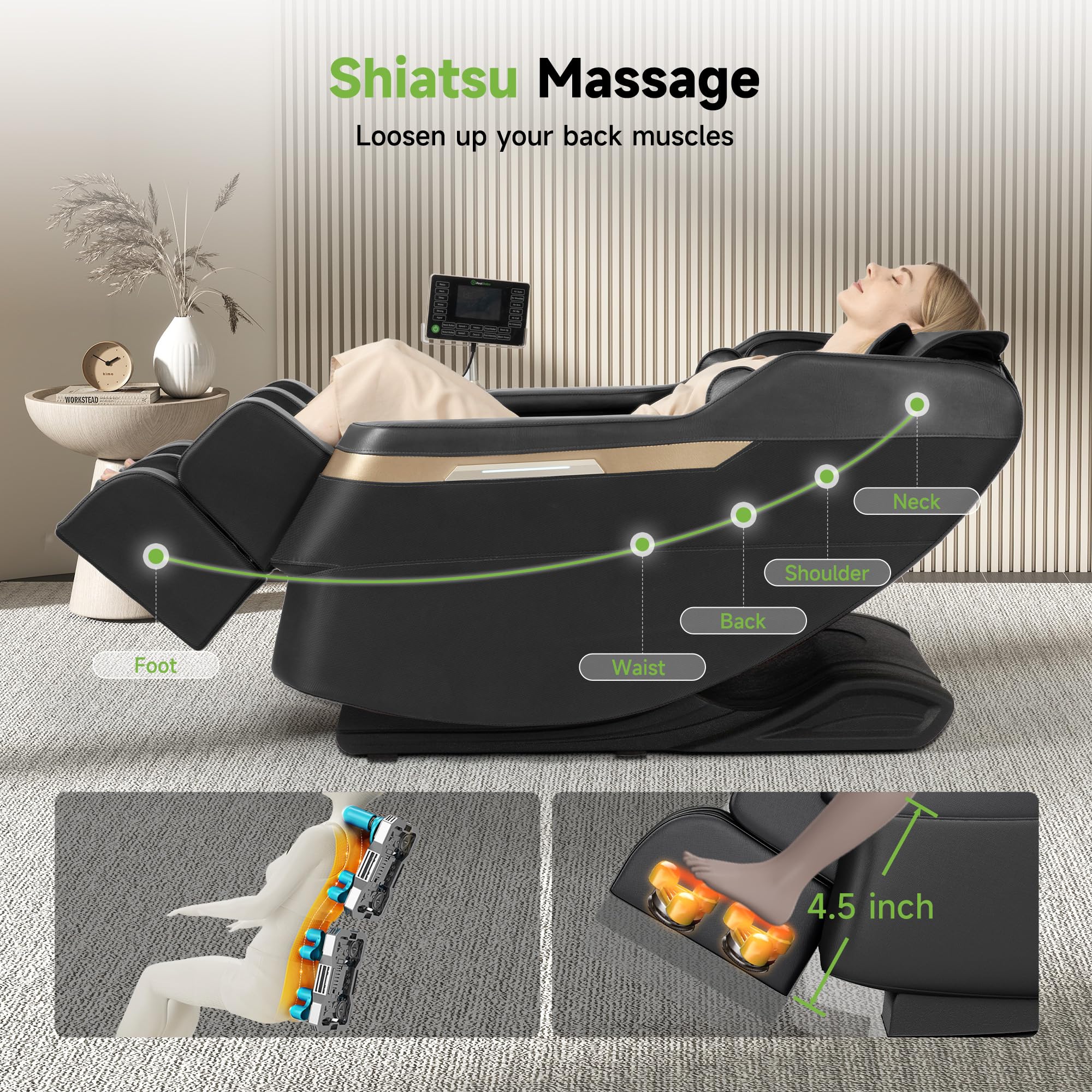 Real Relax Chaise de Massage du Corps Entier, Fauteuil inclinable de Massage Shiatsu à gravité zéro, Massage des Pieds, Bluetooth, Grand écran de contrôle (Noir Classique)