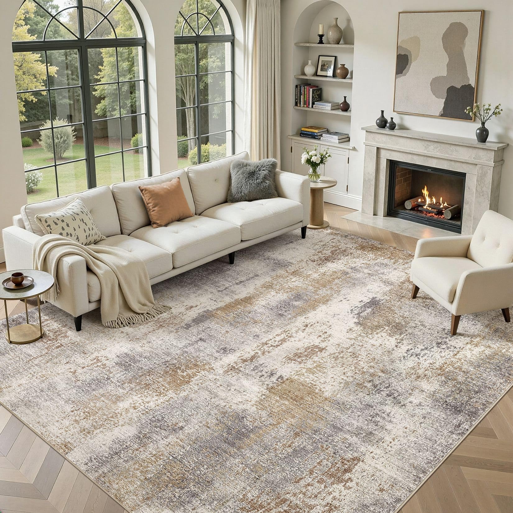 DMOYEST Washable Rugs Living Room 300x400cm - Large Abstract Neutral Modern Soft Non Slip Low Pile Kid Pet Friendly Carpet for Bedroom Dining Home Office - Brown Grey