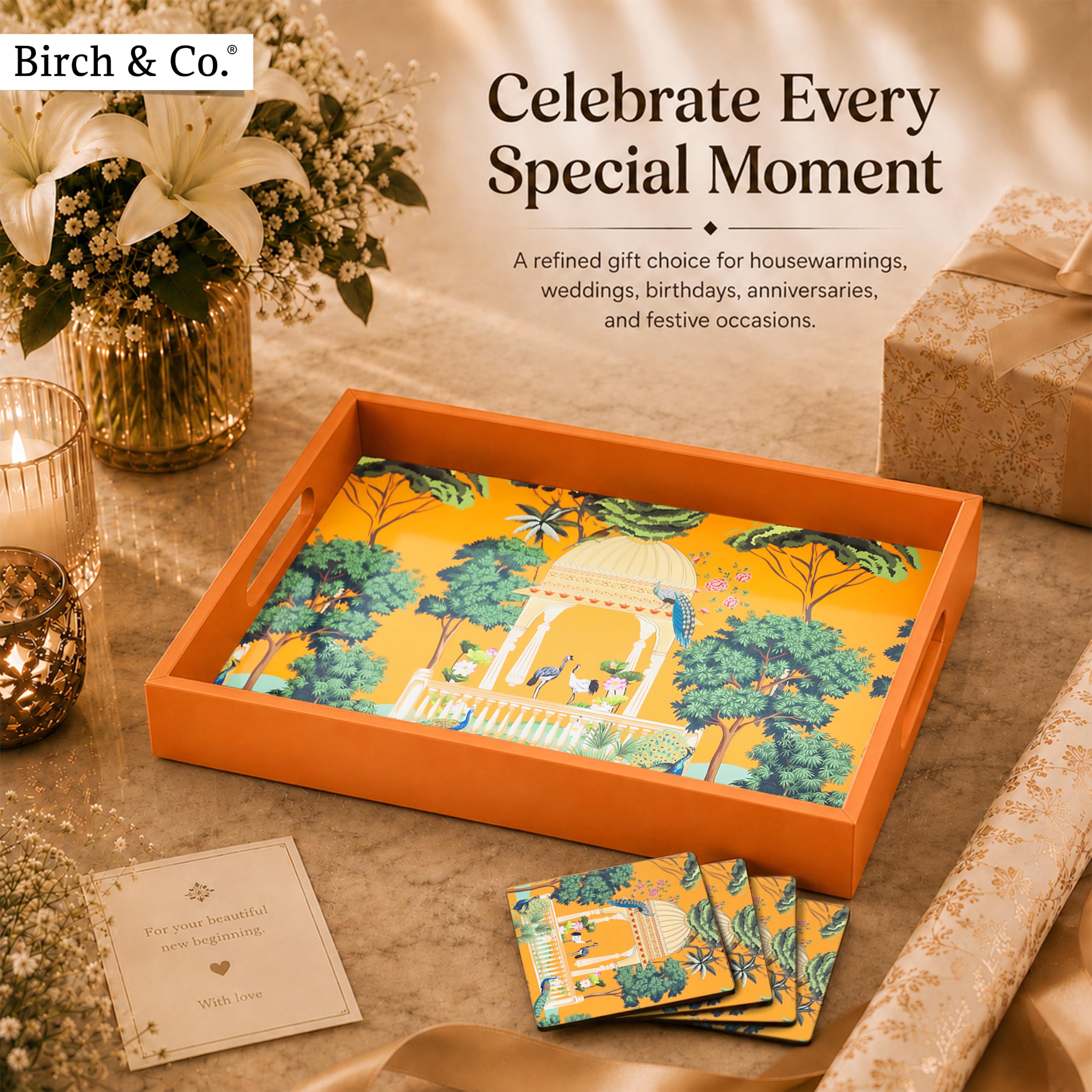 Birch & Co. Bandeja de madera para servir sin 4 posavasos, 10 x 15 pulgadas, bandeja para servir, juego de bandejas para decoración, bandejas de té, bandeja de café grande, bandejas de madera MDF de
