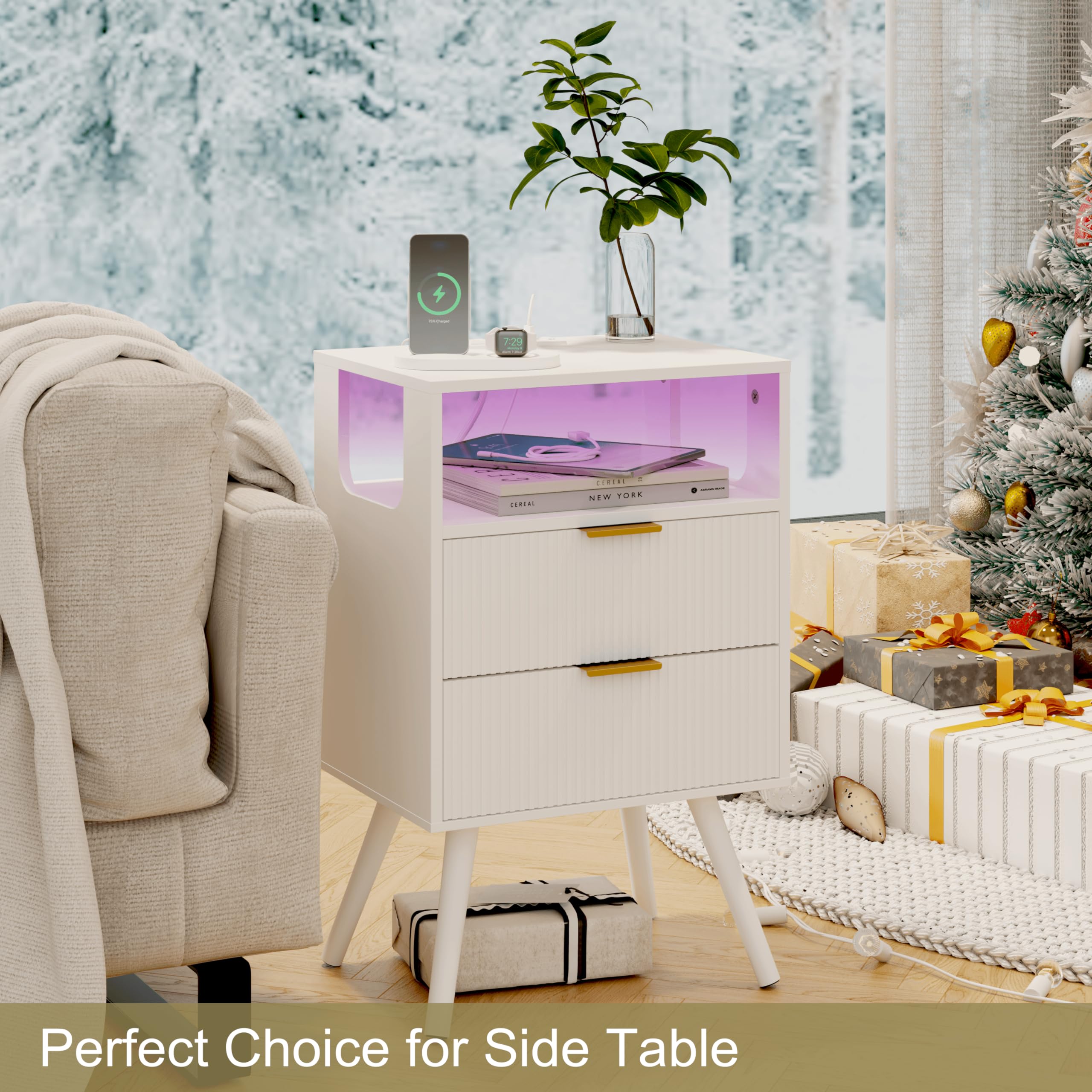 Mesita de noche blanca con estación de carga y luces LED, moderna mesita de noche con 2 cajones de almacenamiento y estante de madera abierta, para dormitorio y espacios pequeños, mesita de 8