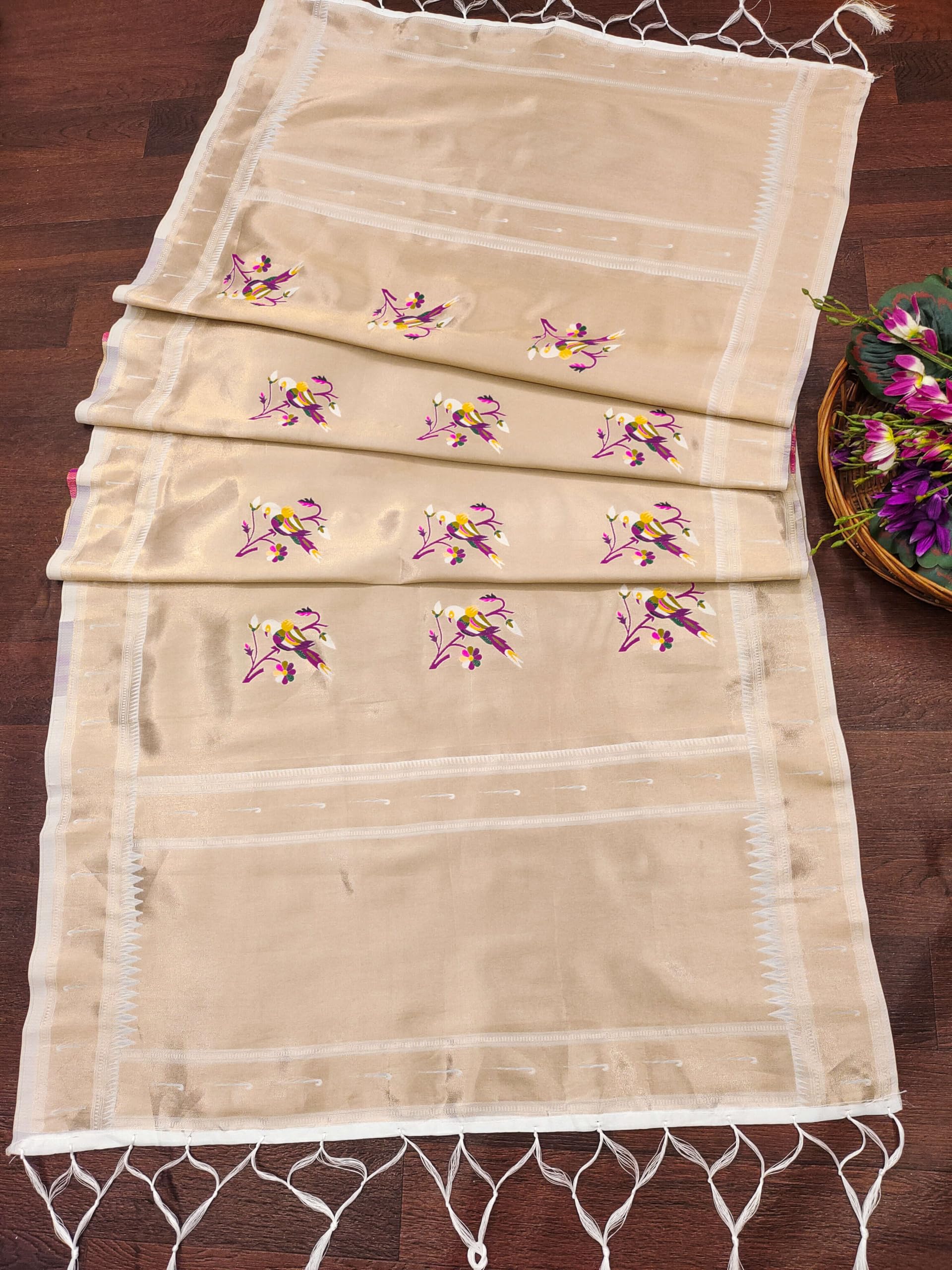 DEVANGI Women's Woven Banarasi Silk Dupatta/Chunni For Women, Floral Print 1 Meter Wide and 2.3 Meter Length Printed Designer Dupatta/Chunni For Girls(OM-DT-66-WHITE) - Image 2 thumbnail