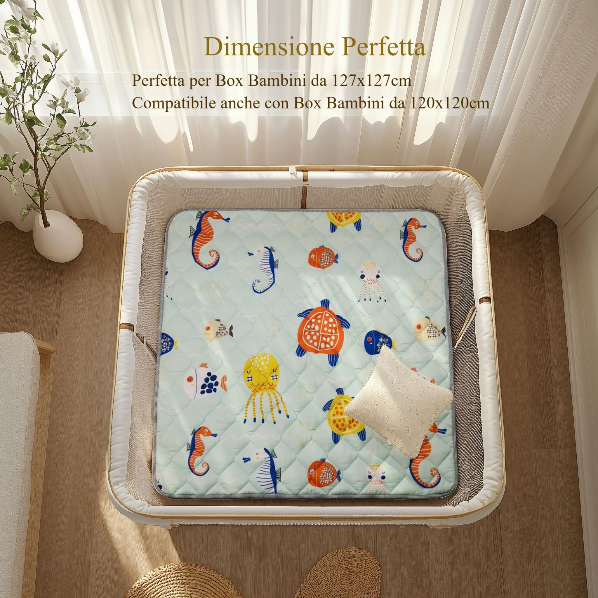Sinhaklóho Tappeto Gioco Bambini Extra Spesso e Pieghevole, Antiscivolo, Lavabile in Lavatrice, 127×127 cm, Senza Odore, Ideale per Pavimenti e Box Neonato, Meraviglie Marine
