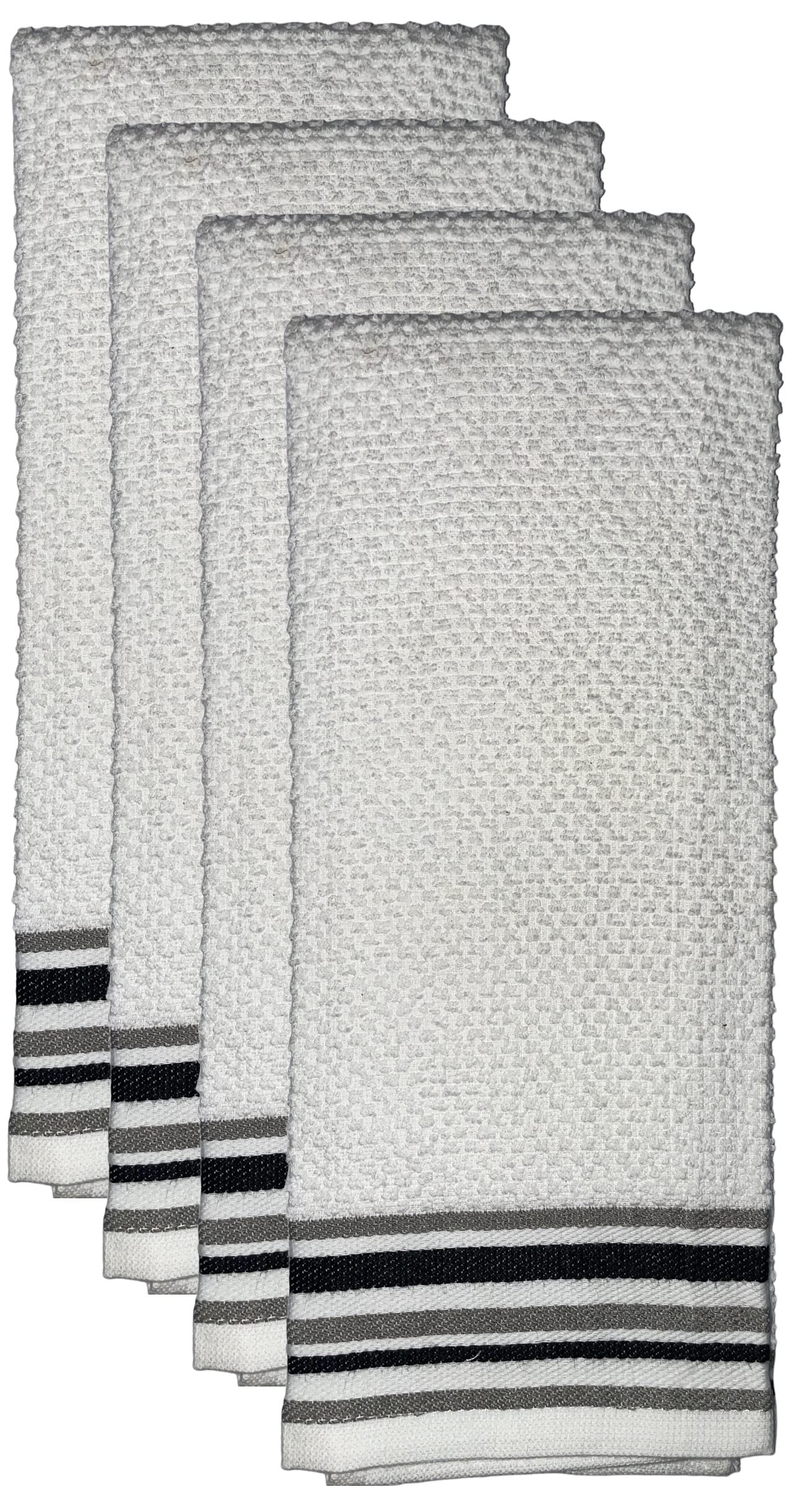 Petal Cliff Set of 4, Terry Popcorn Weave Grey and Black Stripes Kitchen Towels Super Soft, Highly Absorbent Sizes : 17 inch x 27 inch.