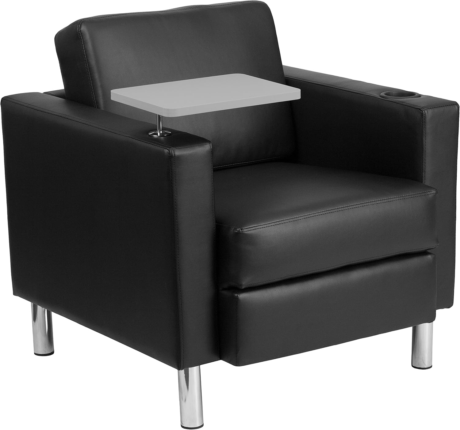 EMMA + OLIVER Black LeatherSoft Tablet Arm Chair, Tall Chrome Legs and Cup Holder