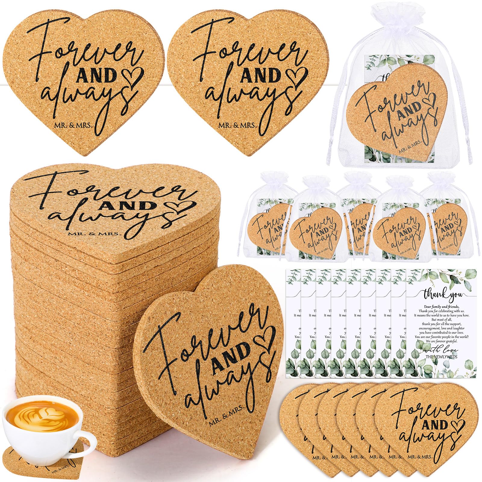 Uiifan Juego de 50 posavasos de corcho con forma de corazón para invitados, regalos de boda, tarjetas de agradecimiento a granel y bolsas de organza, regalos de despedida de soltera, recuerdos de