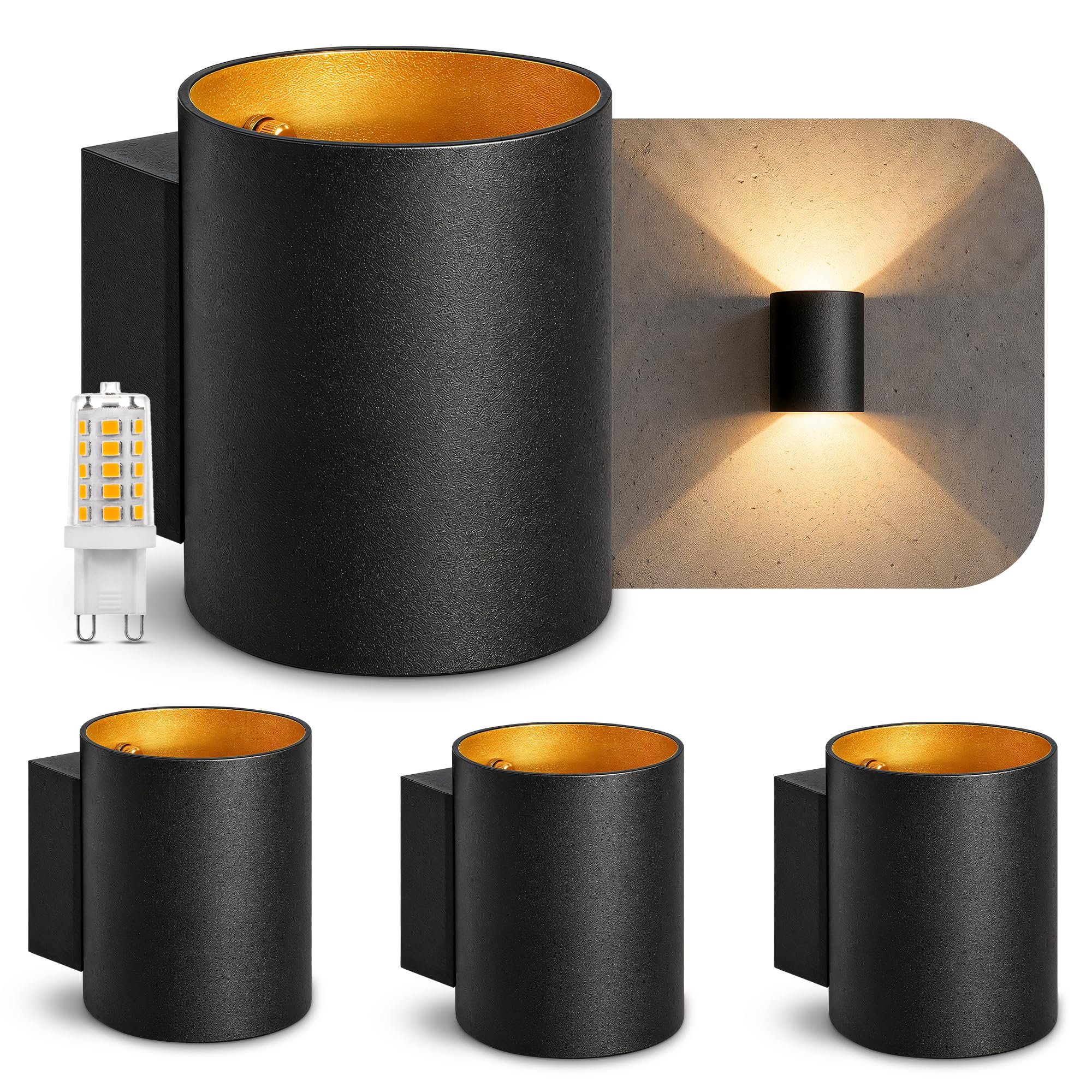 SSC-LUXon TUANI Wandstrahler 4er Set schwarz-gold G9 3W warmweiß dimmbar