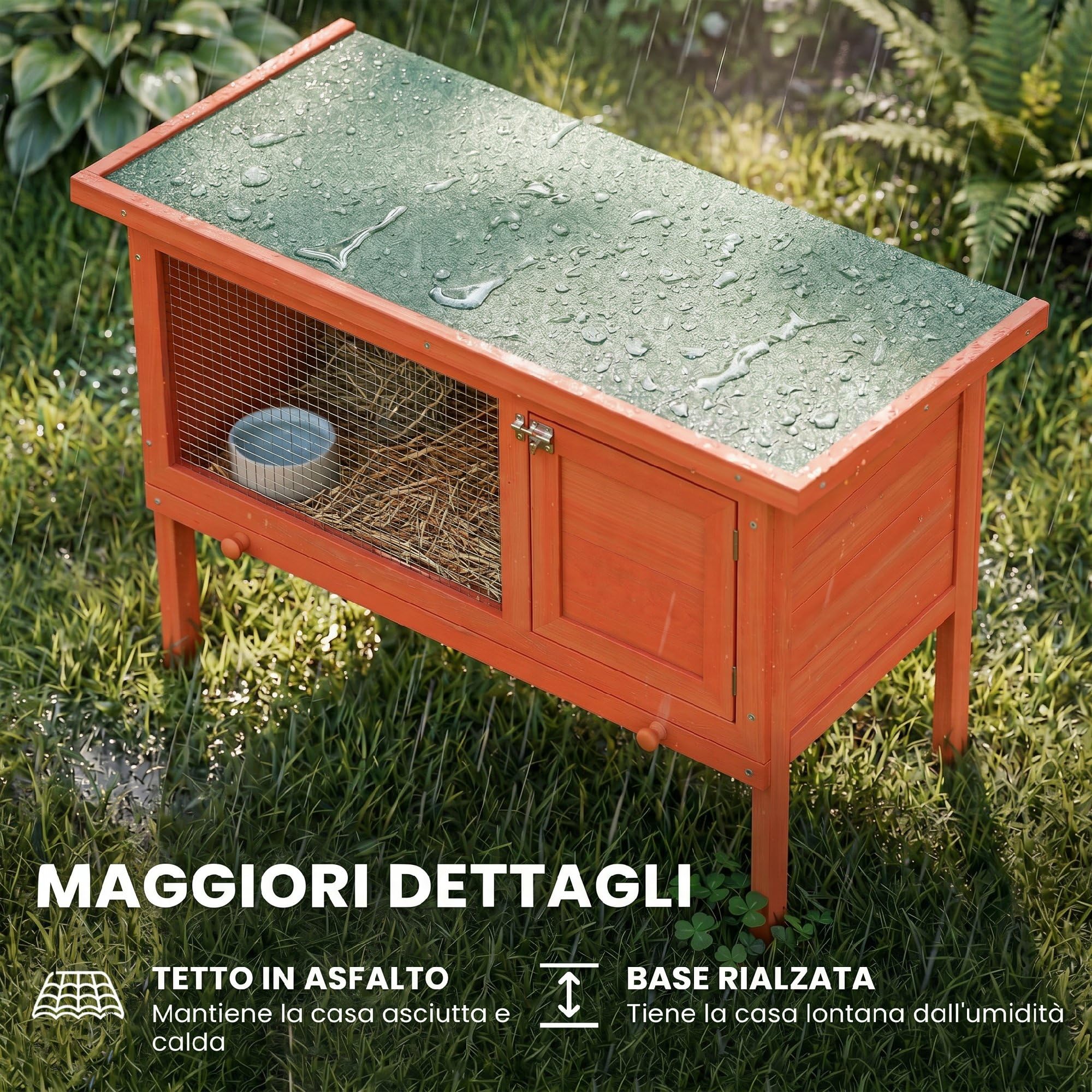 PawHut Conigliera da Esterno in Legno di Pino, Gabbia Casetta per Conigli con Vassoio Estraibile, Tetto Apribile in Bitume, Fondo Rialzato, Porcellini d'India, Cincillà, Arancione