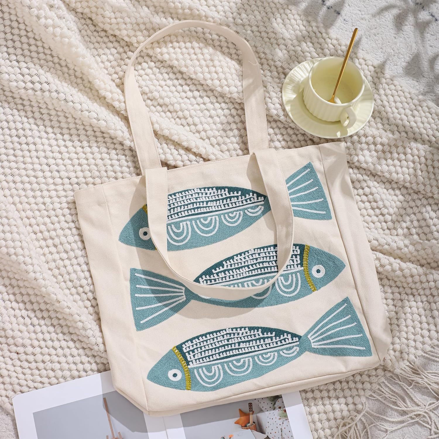 Ocean-Themed Embroidery Tote Bag for Women Summer Canvas Beach Bag Reusable Bag for Shopping Grocery Book - Image 2