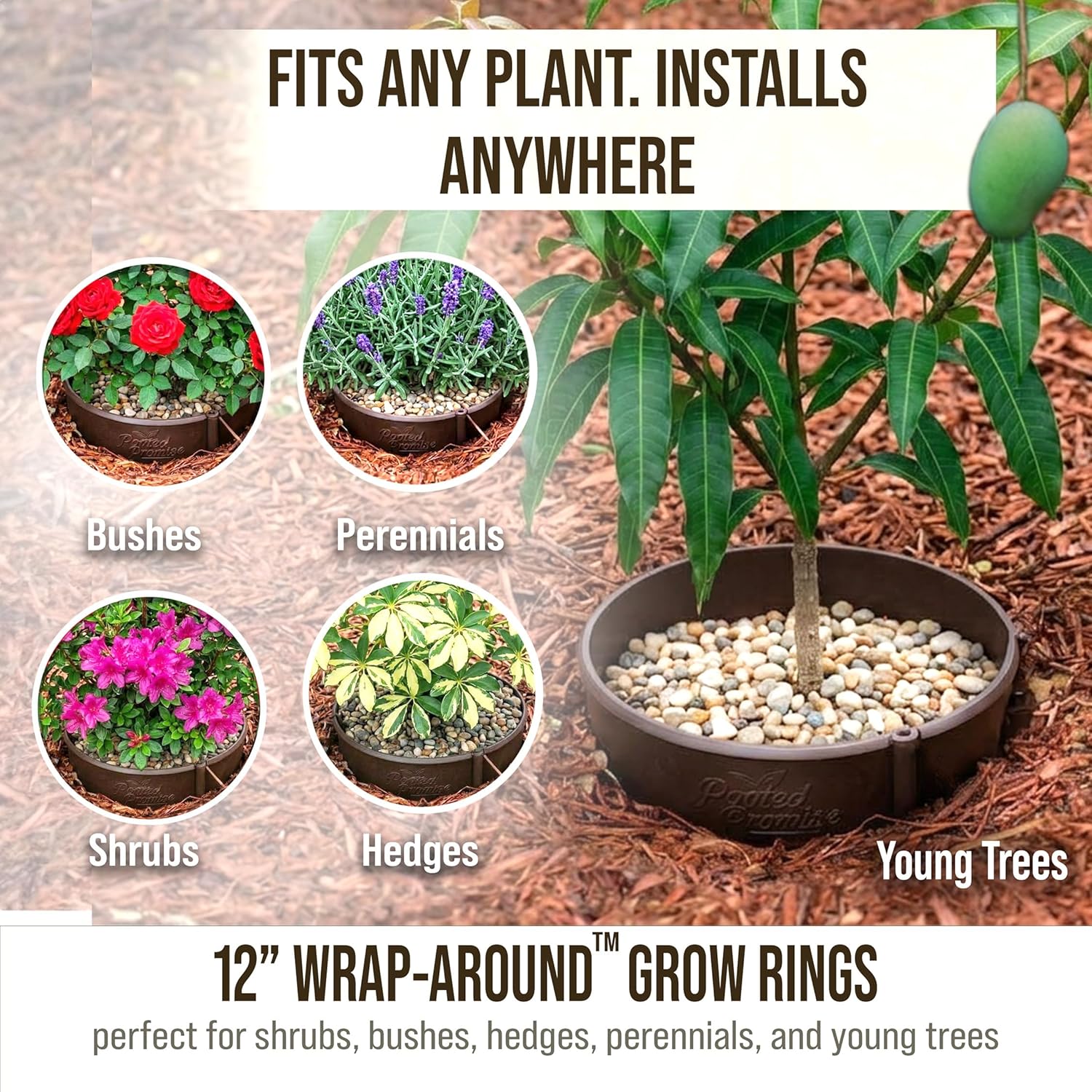 12 Inch Wrap-Around Adjustable Planting Grow Rings | 6 Pack | Brown | Install Around Existing Plants | Square Foot Gardening | Trimmer Protection and Mulch Barrier | Heavy Duty | Made in USA