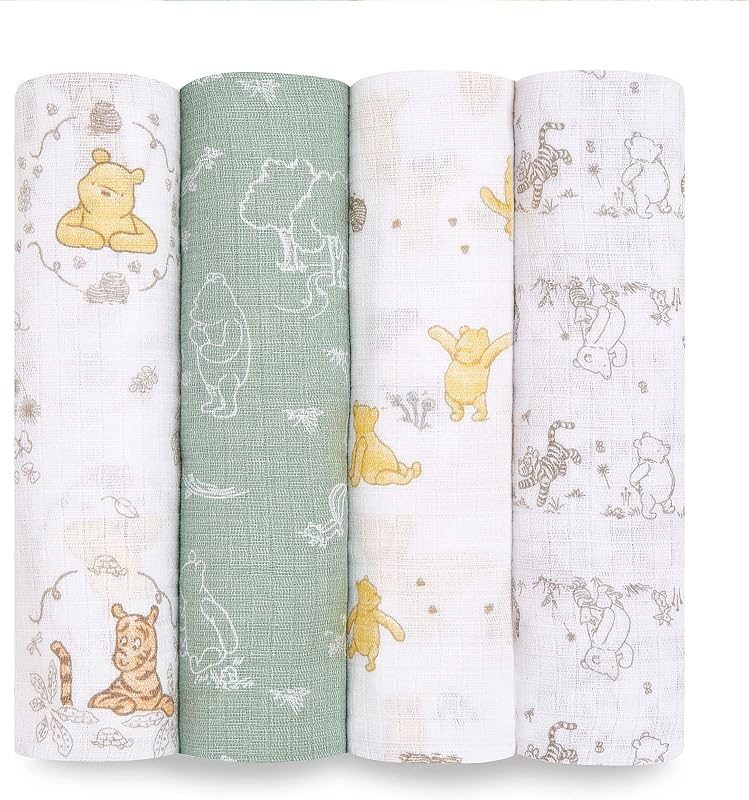aden + anais Essentials Mantas de muselina Disney para bebés y niños, manta para envolver a recién nacidos, envoltura para bebé 100% algodón, paquete de 4, Winnie + Friends