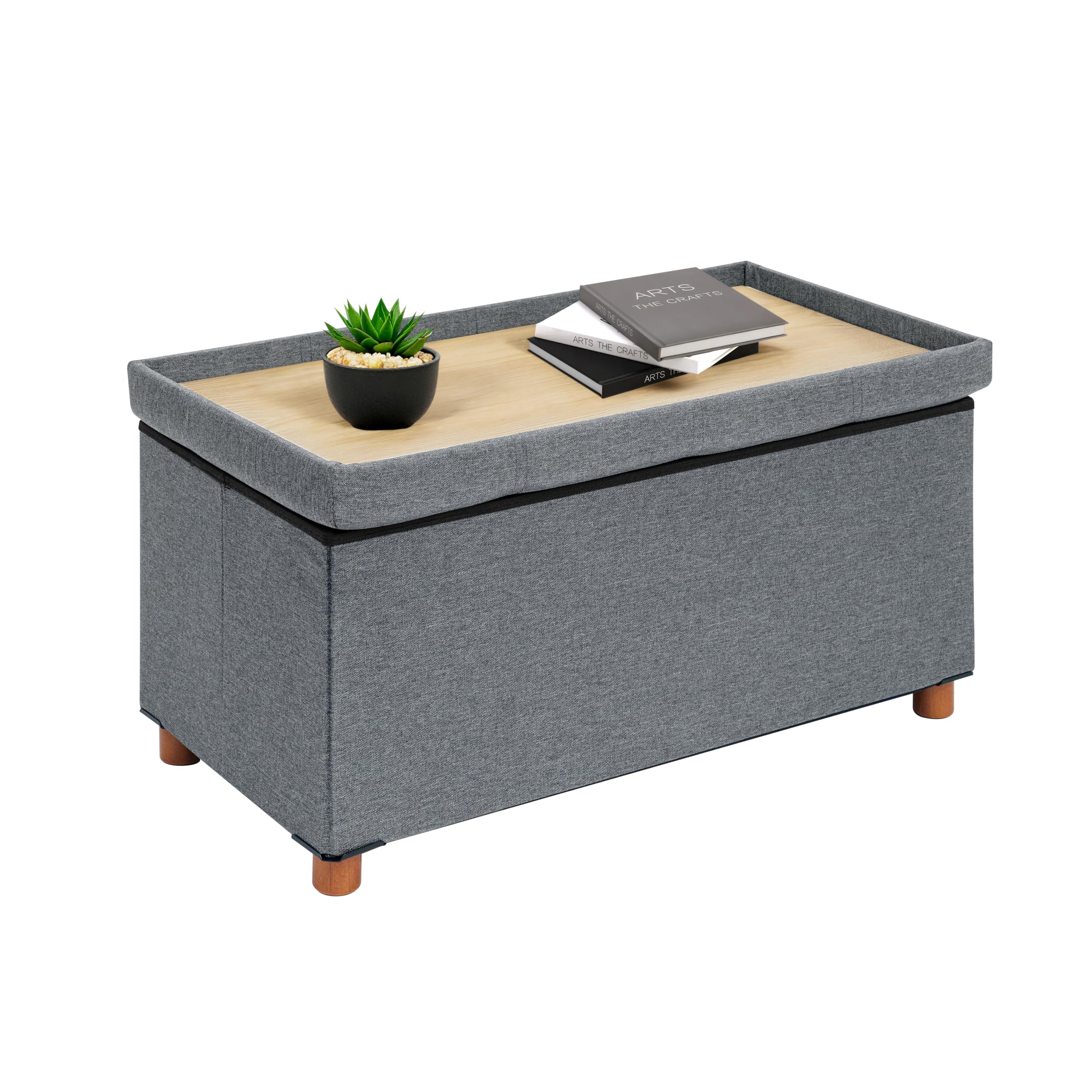 B FSOBEIIALEO Storage Ottoman with Tray, Foot Stools and Ottomans with Legs, Storage Cube Seat Linen Grey 30"