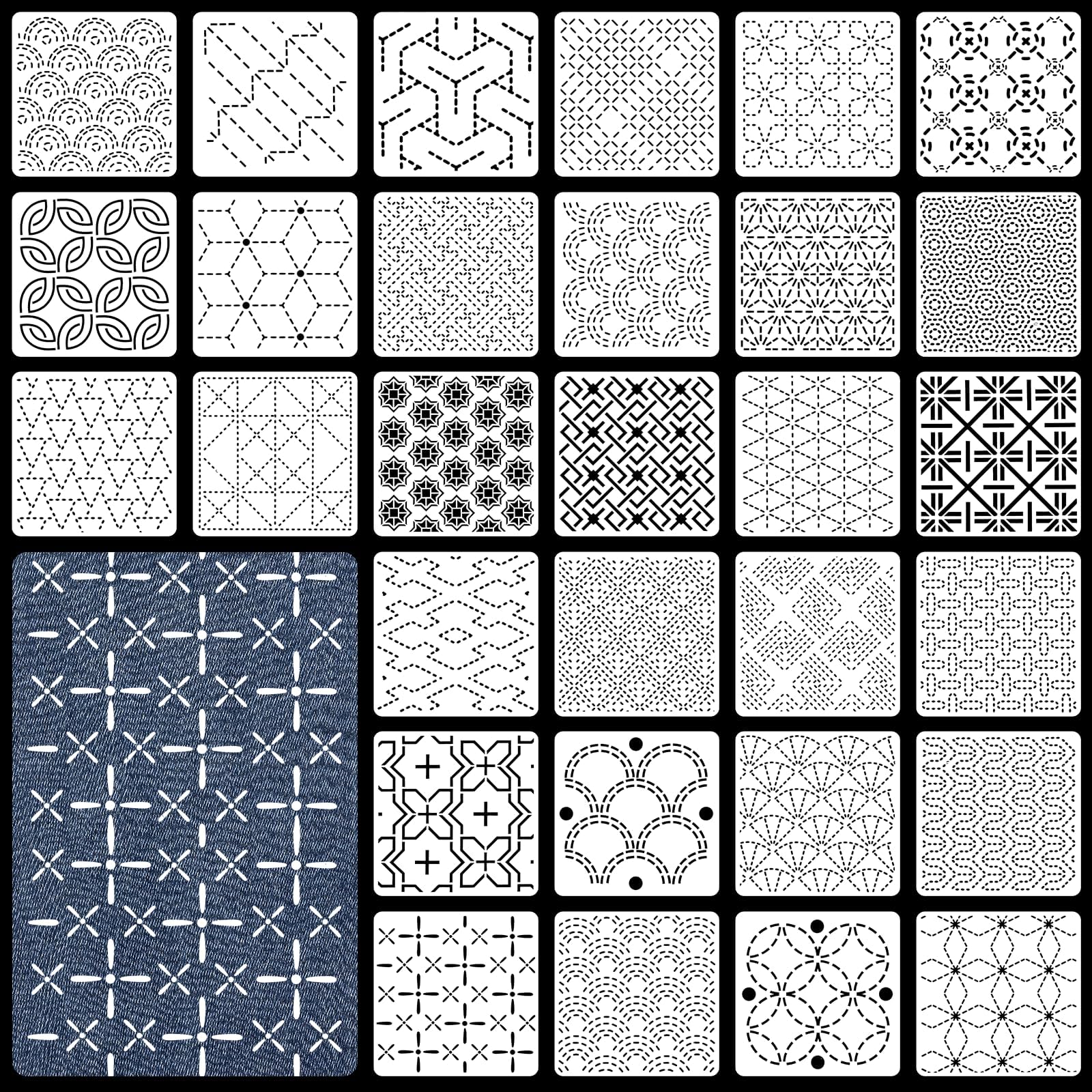 30 Pcs Plastic Sashiko Stencil 4.7 x 4.7 Inch Geometric Sashiko Pattern Template Drawing Line Quilting Stencil Embroidery Pattern Stabilizers for DIY Sewing Hand