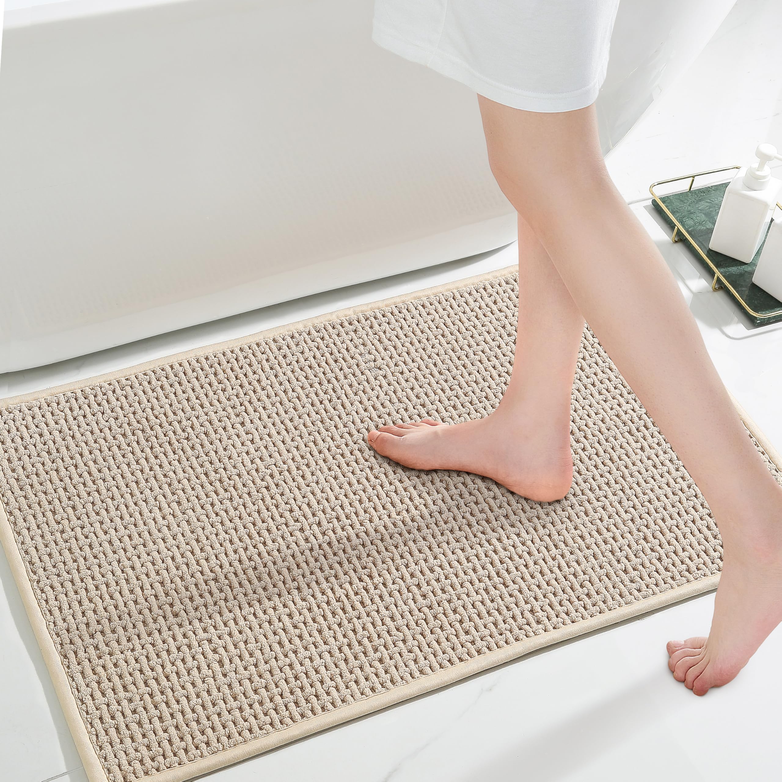 Bathroom Rug Beige Bath Mat: 17x24 Chenille Non Slip Washable Absorbent Bathmat Small Soft Thin Quick Dry Shower Carpet for Bathroom Floor Tub and Restroom