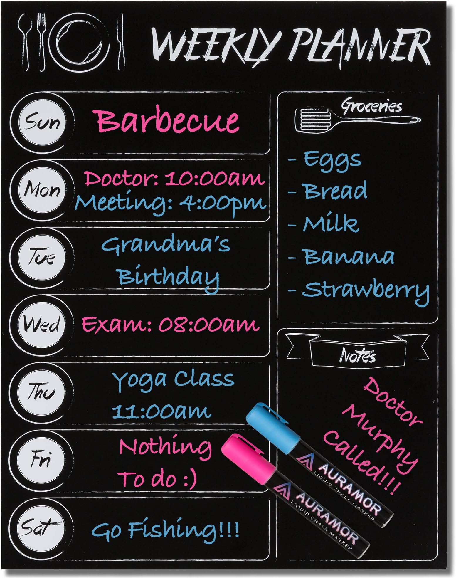 Magnetic Weekly Menu Planner Grocery List Dry Erase Board 7 Day Meal Prep Calendar Organizer Fridge Decal with Liquid Chalk Markers 16x12 Black Kitchen Organization Chalkboard Refrigerator Magnet