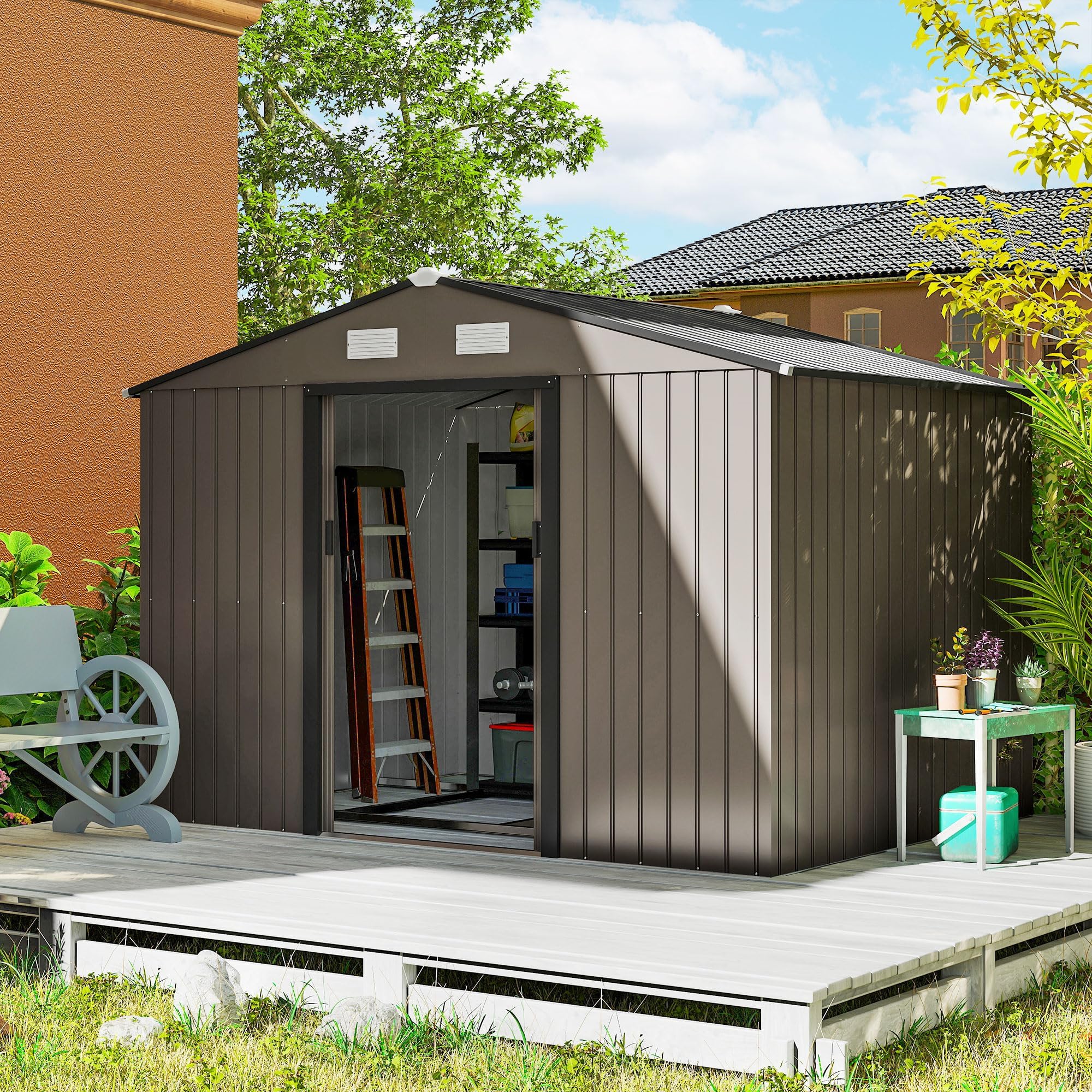 9' x 6' Outdoor Storage Shed, Garden Tool Metal Shed with Foundation Kit, Double Lockable Door, Air Vents and Sloping Roof, for Backyard, Patio, Lawn, Brown