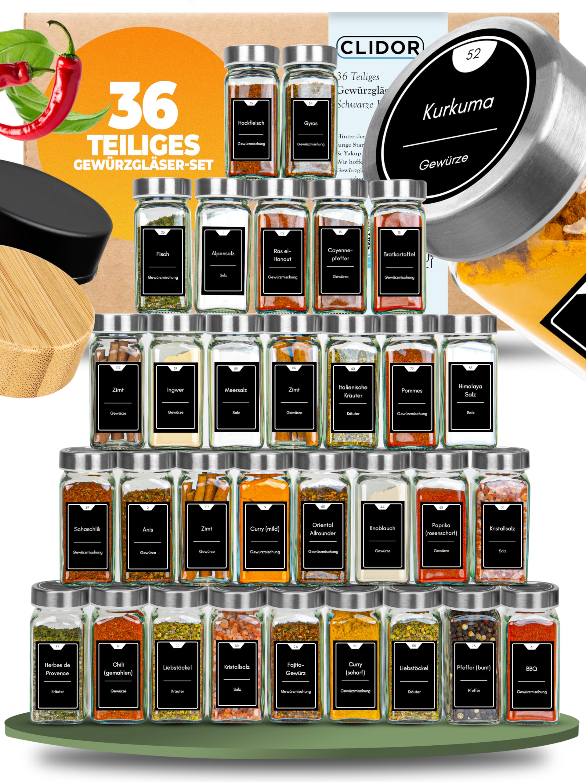CLIDOR Gewürzgläser eckig [36 x 125ml], Luftdichte Gewürzgläser mit Streueinsatz + 248 wasserfeste Gewürzetiketten, Gewürz Organizer & Gewürzdosen, Gewürzstreuer zum Nachfüllen, Deckel aus Edelstahl