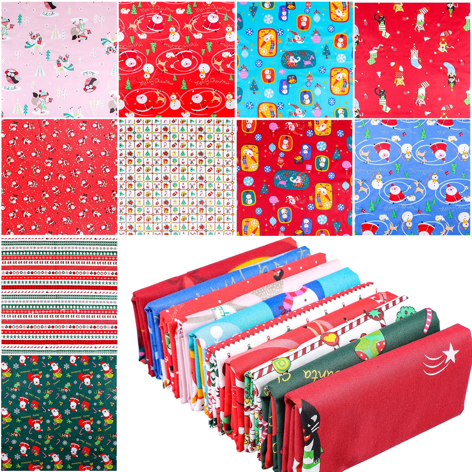 10 Pieces Christmas Fabrics(50x50 cm/19.7x19.7 in), Christmas Fat Quarters Fabric Bundles Patchwork Cotton, Xmas Decoration Christmas Material Fabric Panels for DIY Sewing Quilting