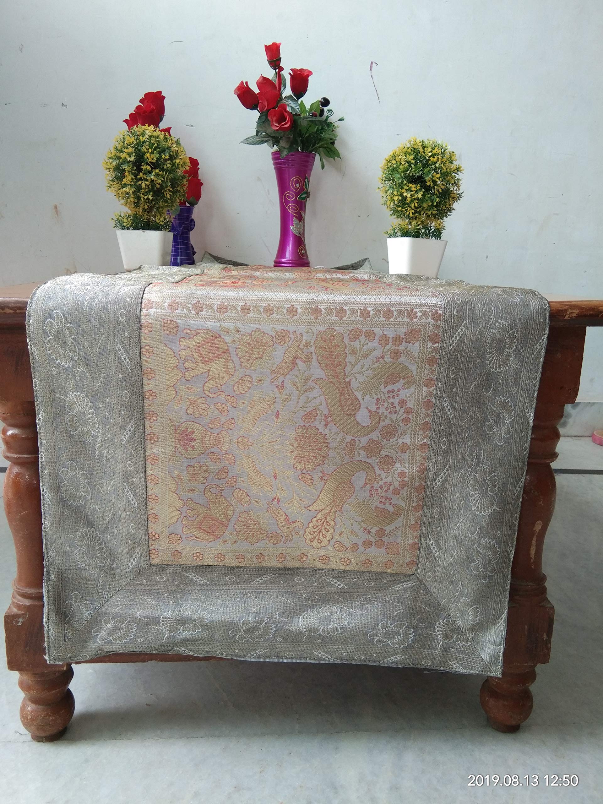 Radhy krishna fashions Rajasthani Hand Art Work Elephant Design Silk Table Runner & Tablecloth 60 x 16 Inch (Silver gold) โ image 1