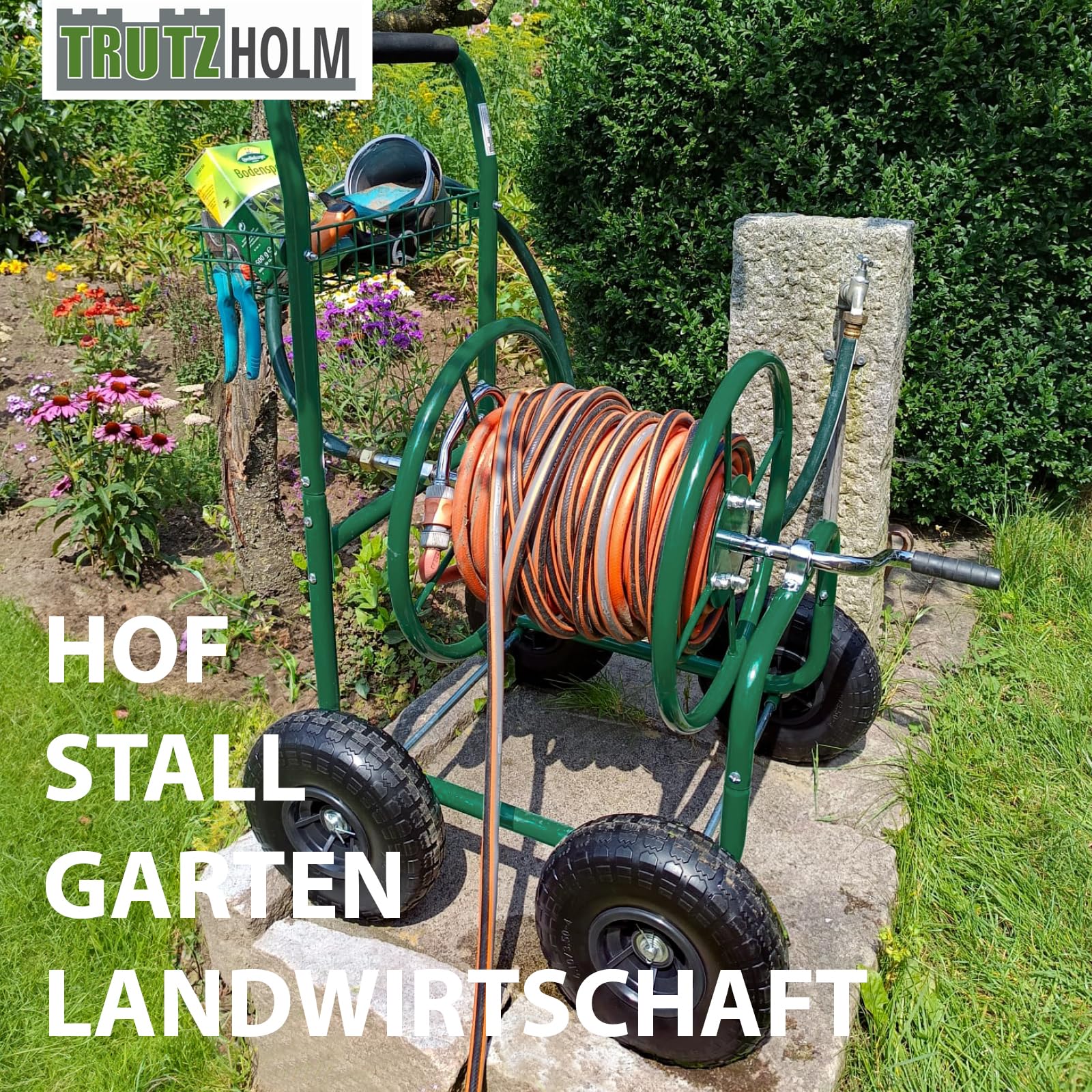 TRUTZHOLM Schlauchwagen Premium 4 Vollgummiräder, 92 x 57 x 78, pulverlackierter Stahl, für 80 m Gartenschlauch, Anschluß 3/4", adaptierbar auf 1/2 Zoll, Gartentrommel Schlauchabroller Schlauchhalter