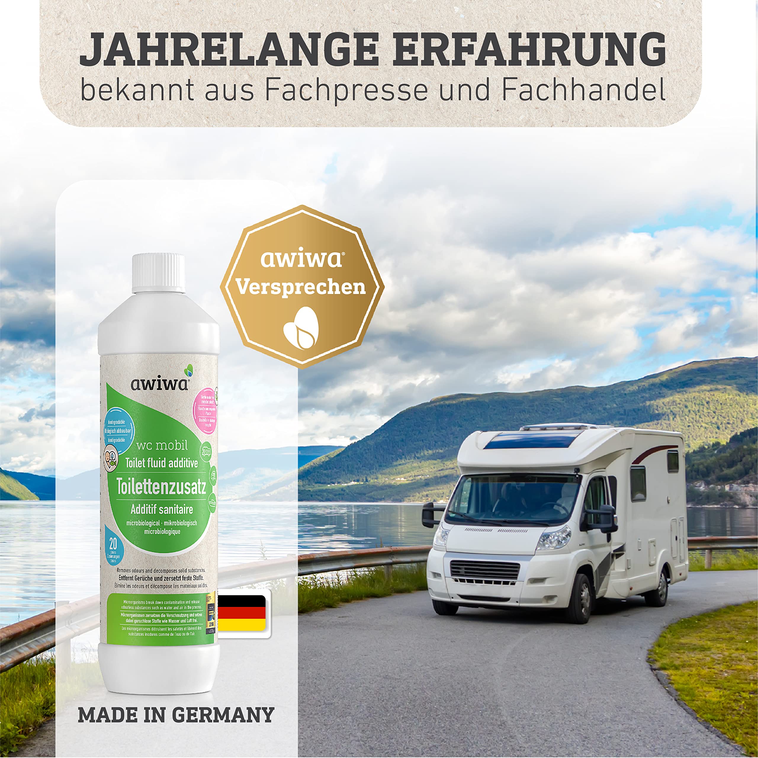 awiwa wc mobil Sanitärflüssigkeit für Campingtoilette (1,0l) – mikrobiologischer Camping Toiletten Zusatz - Sanitärflüssigkeit zersetzt Fäkalien & Papier und entfernt unangenehme Gerüche