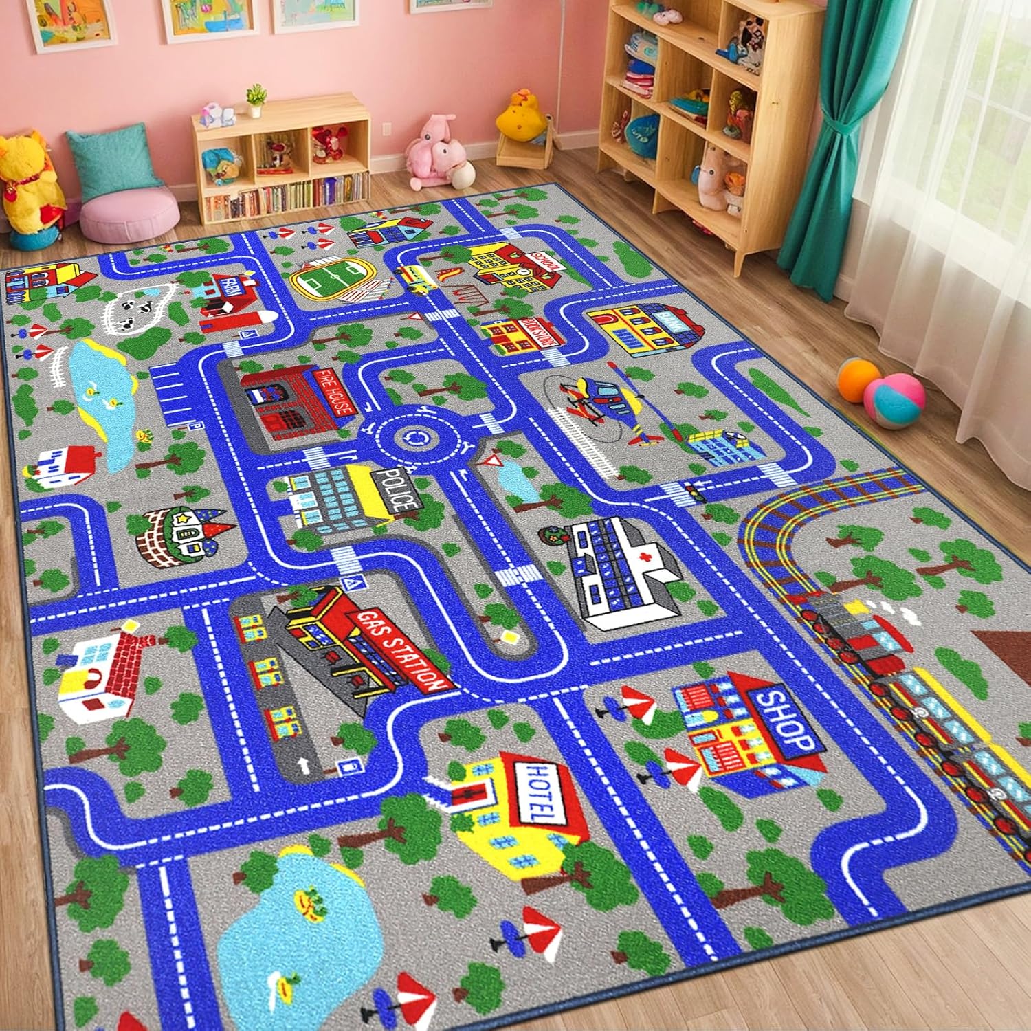 Kids Rug Car Play Mat 6.6'x5.0',Blue Kids Rug for Toy Cars,Non-Slip Town City Map Carpet Play Mat,Traffic Road Kid Educational Learning Car Rugs for Children Room Playroom Nursery