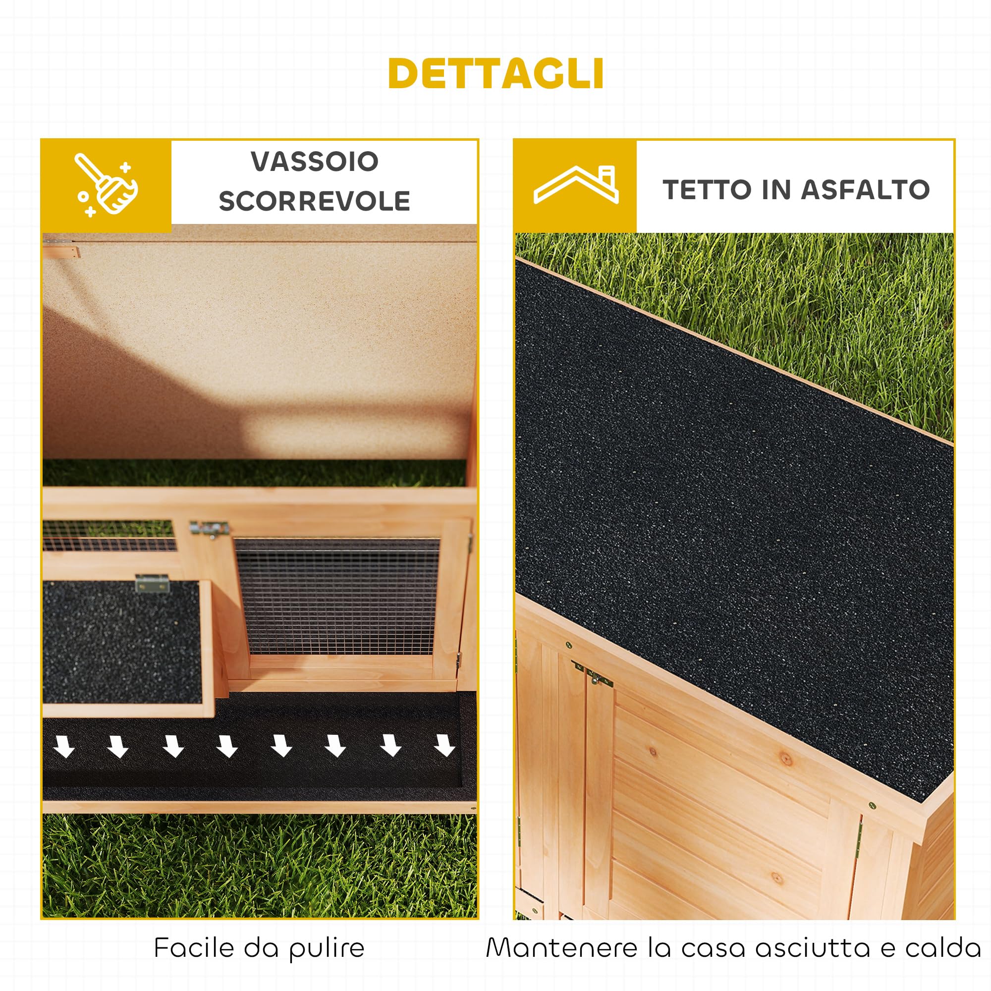 PawHut Conigliera in Legno da Esterno con Tetto in Asfalto, Gabbia per Conigli con Casetta e Porte con Chiavistello, Vassoi Estraibili e Mangiatoia, 112x50x54 cm, Giallo
