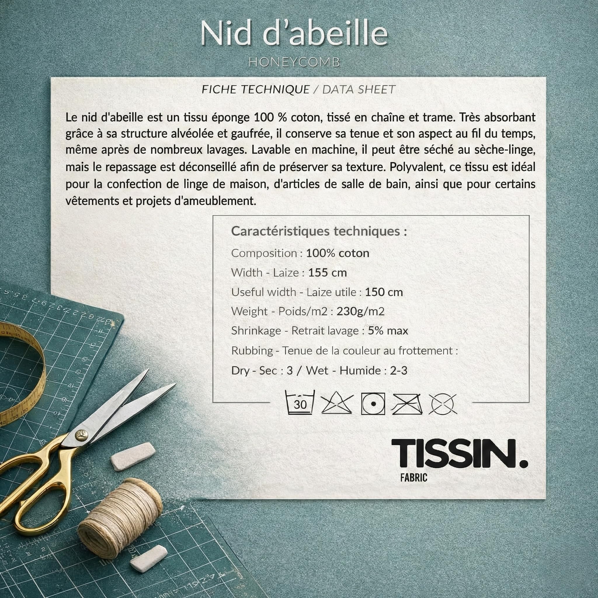 Tessuto a nido d'ape – Coupon 300 x 150 cm – 100% cotone – assorbente e resistente, ideale per asciugamani, strofinacci, salviette, accappatoio e cucito casalinghi, Oeko-Tex – Progetto cucito fai da