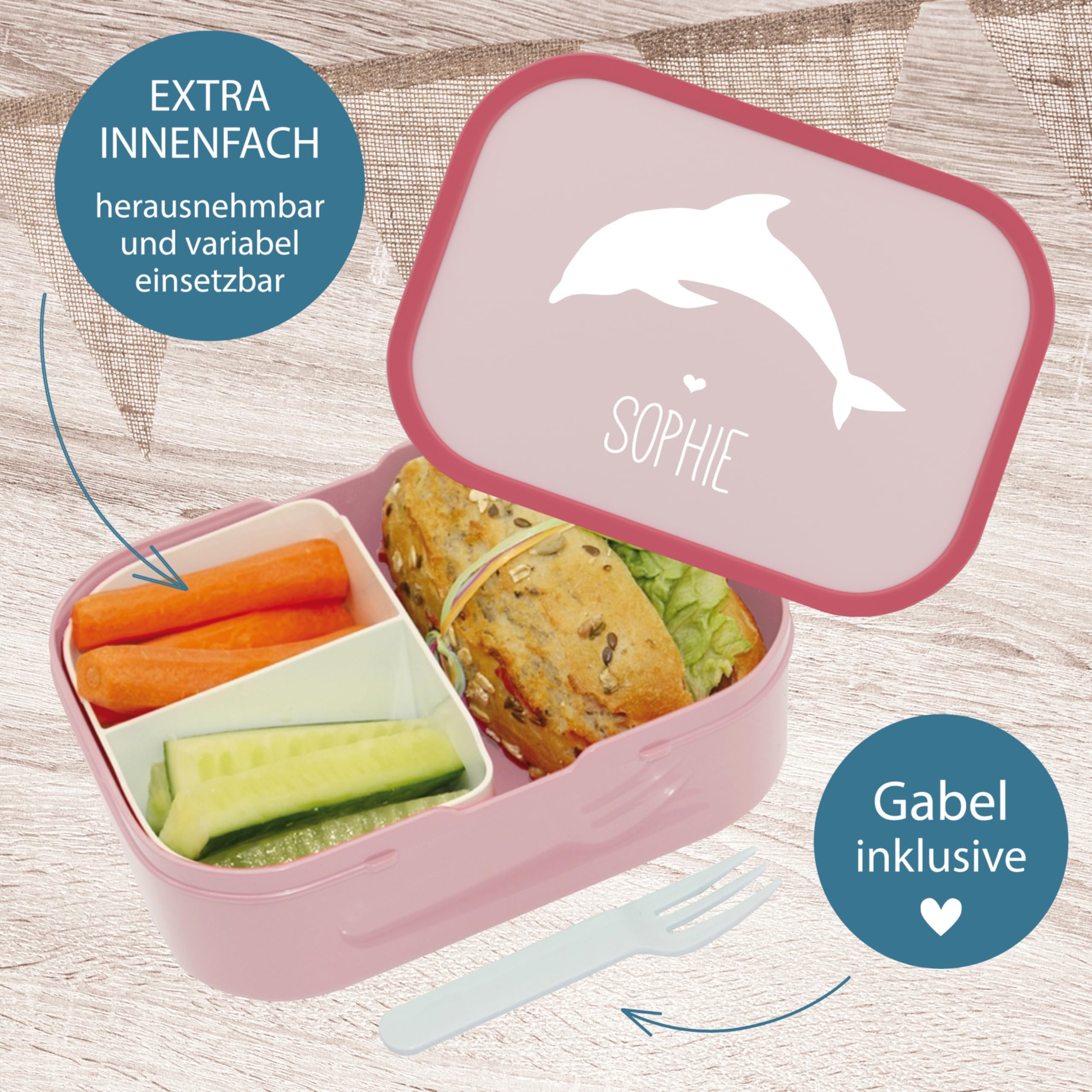 4ou Design Mepal Set Brotdose & Trinkflasche personalisiert mit Namen – Silhouette Delfin – Auslaufsicher, Bento Einsatz rausnehmbar, inkl. Snackgabel – BPA frei – Geschenk für Kinder (Cool Pink)