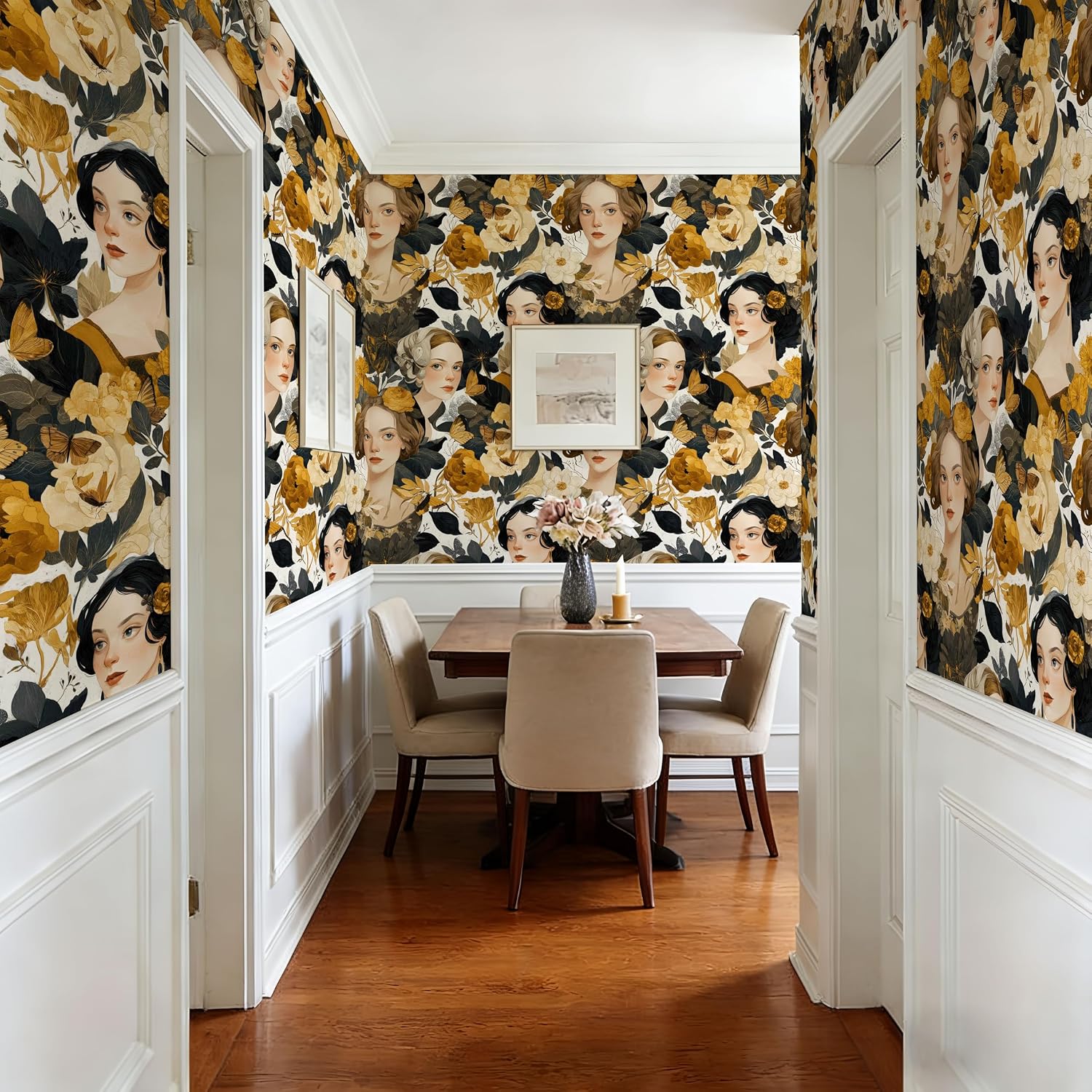 Vintage Art Deco Portrait Peel and Stick Wallpaper, (Gold, Black and Cream) Elegant Floral & Female Figure Pattern Wallpaper for Home Decor | 17.7" x 236", Self-Adhesive, Waterproof Vinyl