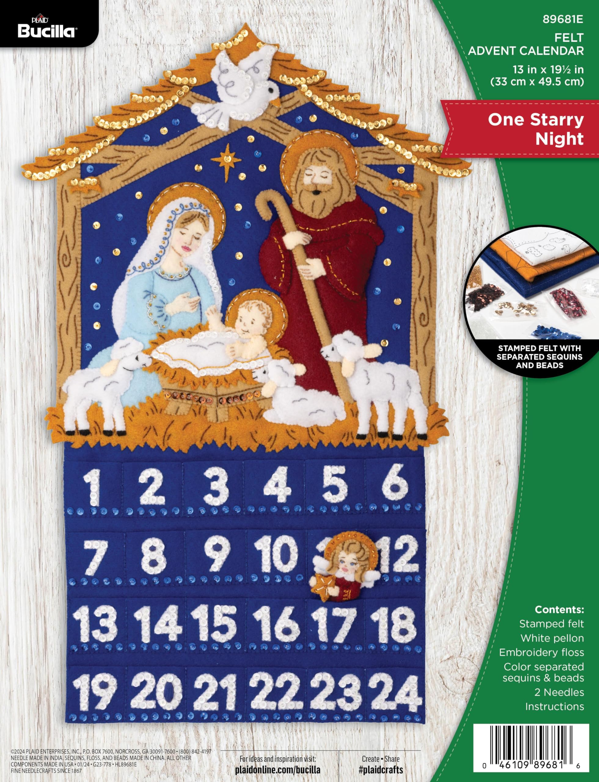 Bucilla, One Starry Night, Felt Applique Advent Calendar Kit, Perfect for Holiday DIY Arts and Crafts, 89681E