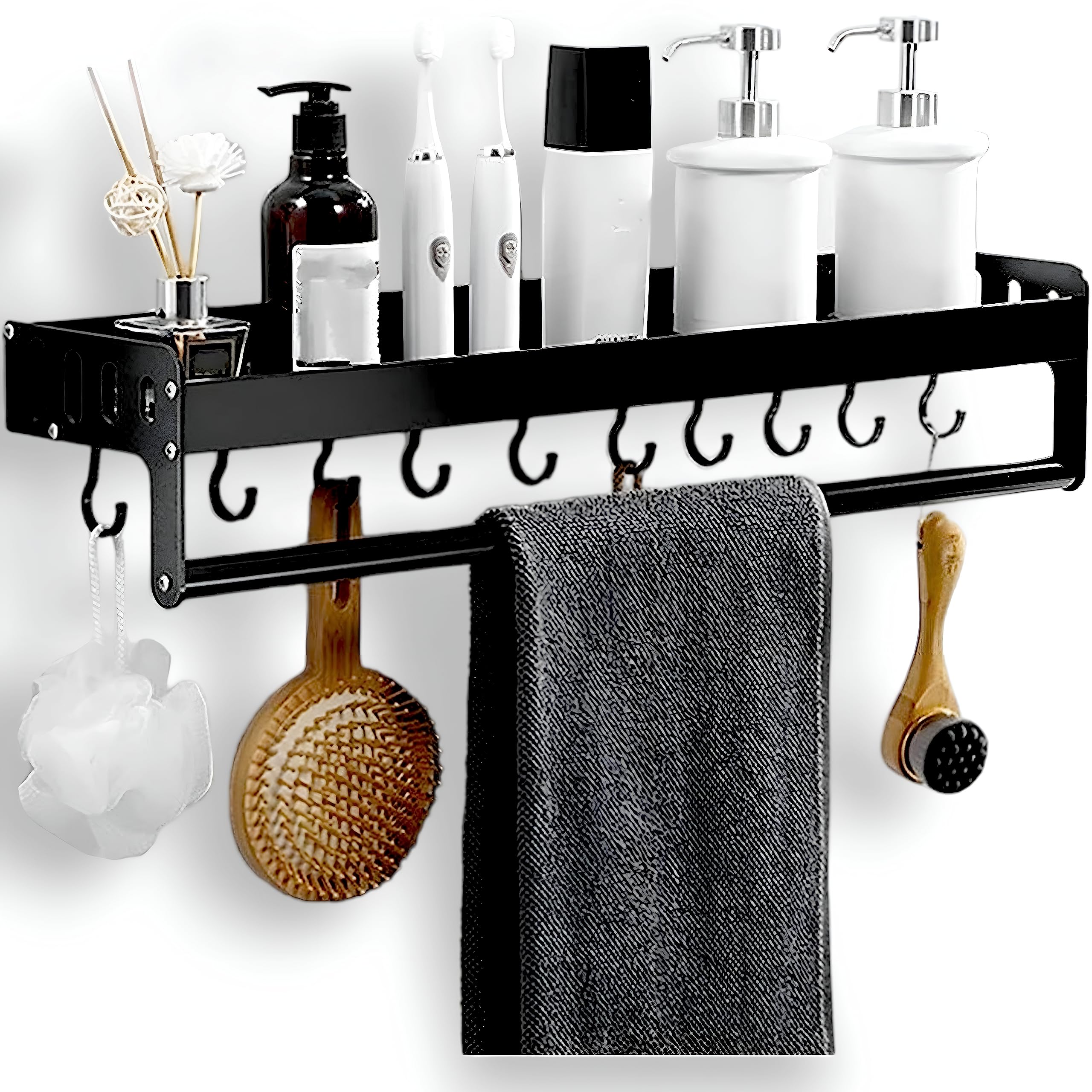 JIALTO Bathroom Accessories - Bathroom Shelf for Wall, Multifunctional Bathroom Shelf with Towel Holder Rod & 8 Hooks, Black Ideal Bathroom and Kitchen (B0CCJQBS34) Amazon Price History, Amazon Price Tracker