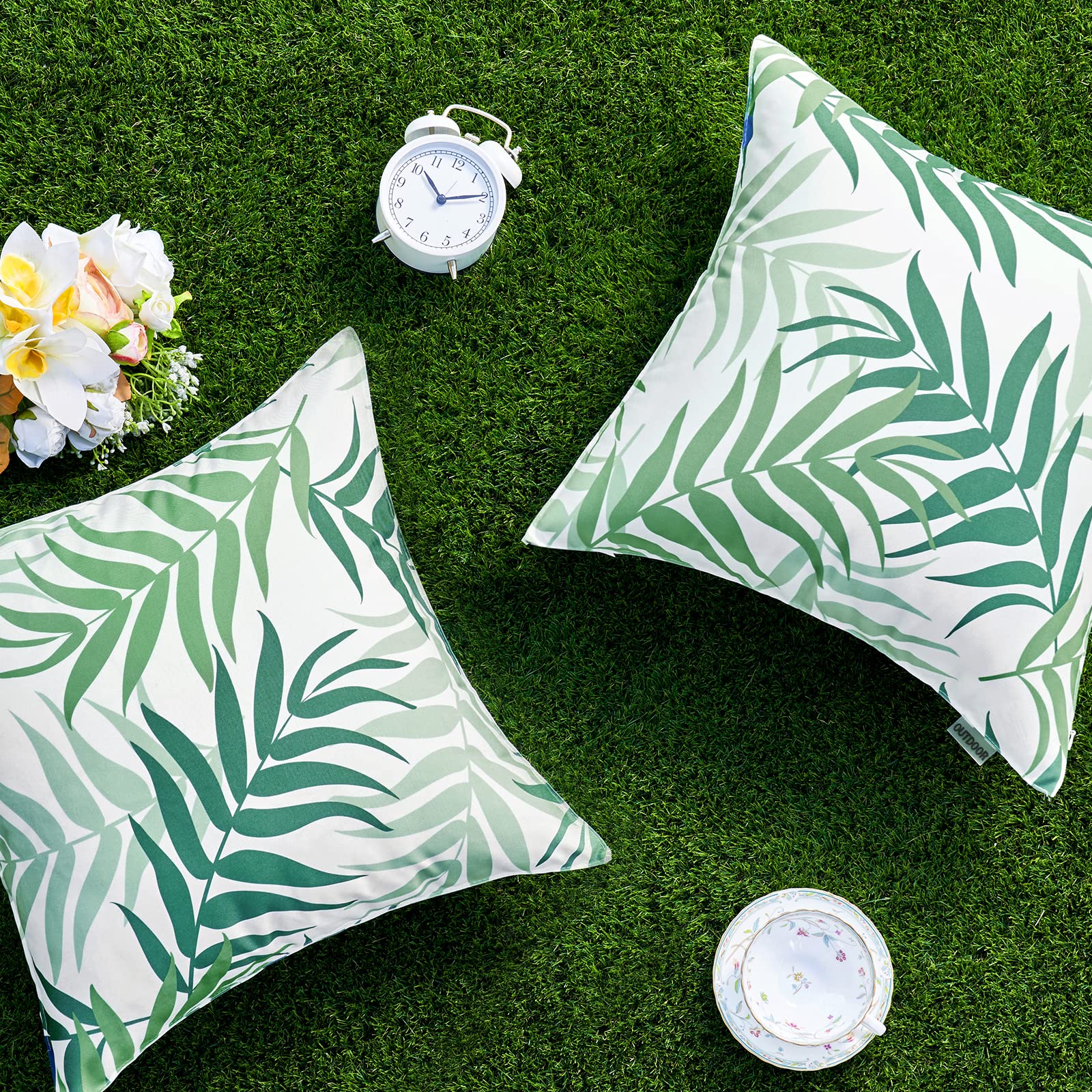 Lot De 4 Housses De Coussin Extérieur 35x35cm - Imperméable, Motif Feuilles Vertes - Pour Canapé, Jardin - 10