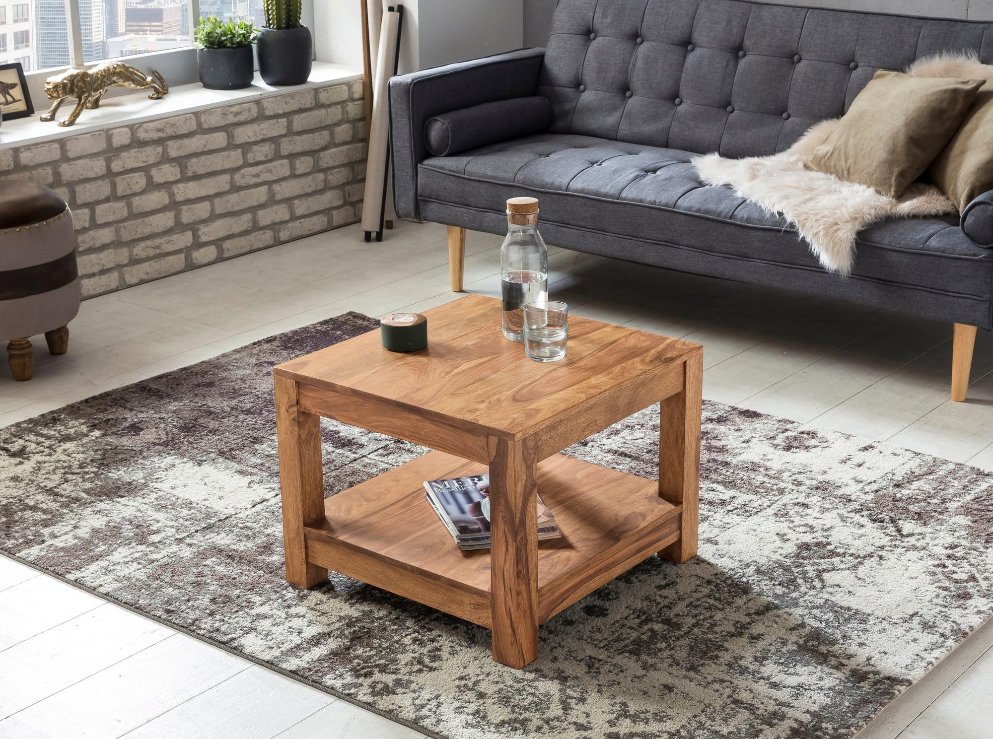 Wohnling Couchtisch Mumbai Massiv-Holz Akazie 60 x 60 cm Wohnzimmer-Tisch Design dunkel-braun Landhaus-Stil Beistelltisch