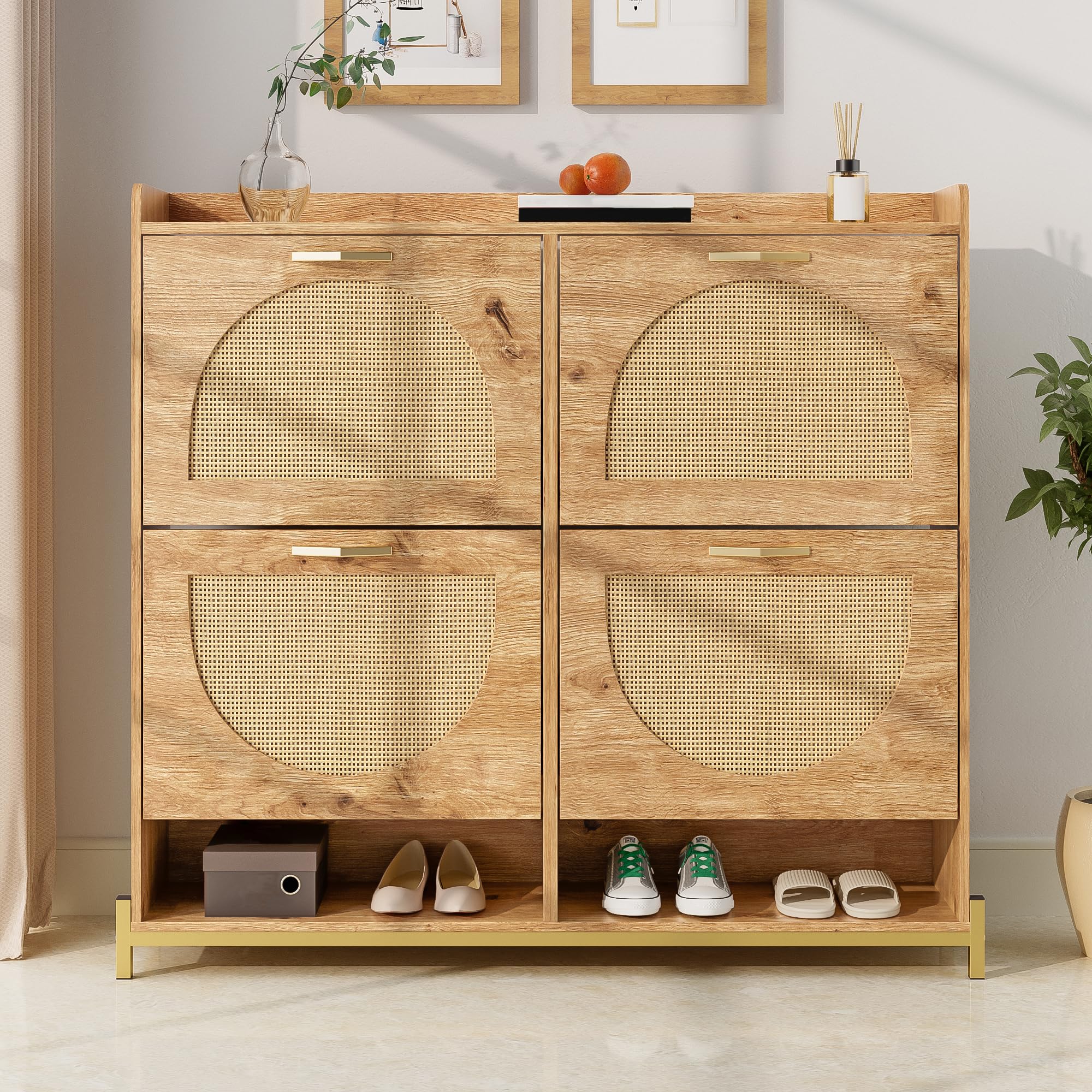 BTM Moderner Schuhschrank mit Rattantüren Schuh Schrank aus Holzl Schuhkipper, Metallrahmen, Sideboard Flurmöbel