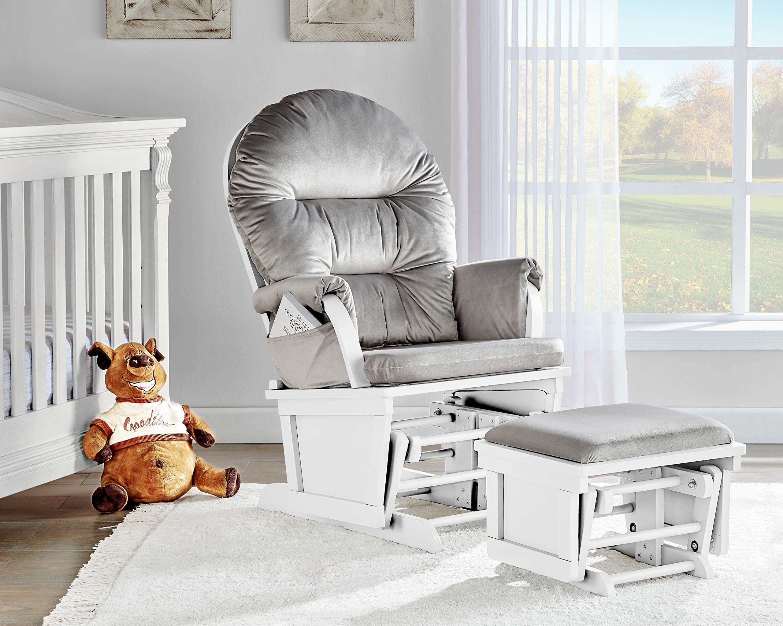 Glider and Ottoman White Wood and Gray Fabric