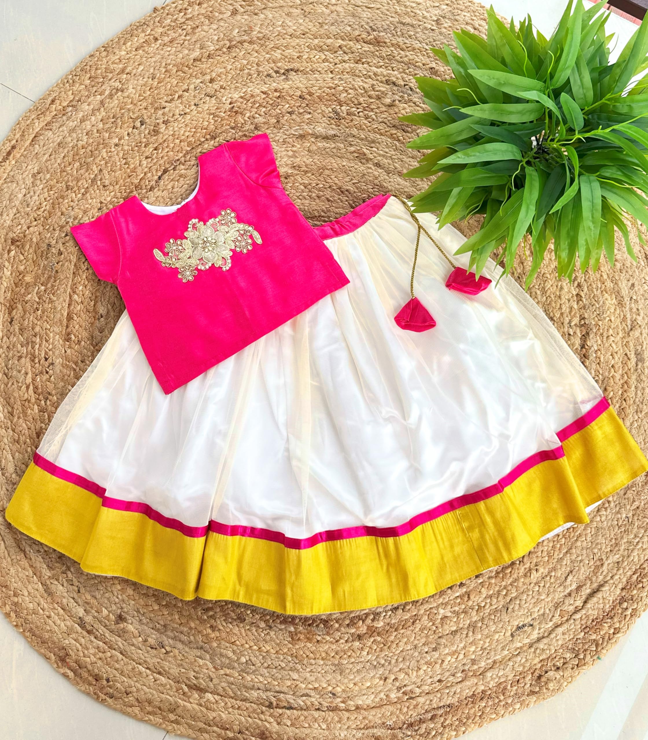 Stanwells Kids Onam Dress for Baby Girls Cotton Silk Pattu Pavadai Lehenga Choli Set Traditional South Indian Ethnic Wear Rani Pink and Cream 6β12 Months