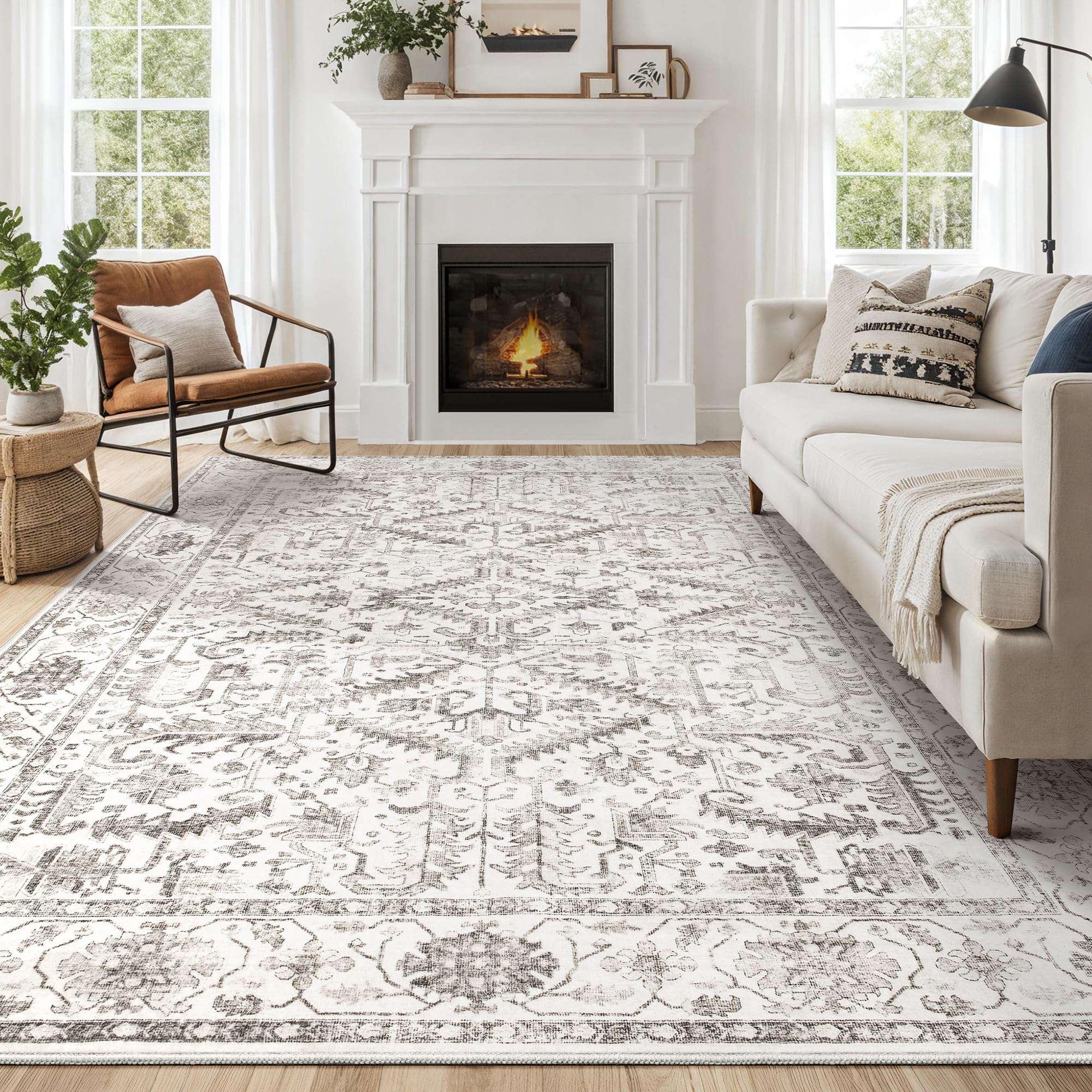 Area Rugs 9ft x 12ft for Living Room - Washable Soft Large Vintage Rug Non-Slip Stain Resistant Traditional Stain Resistant Indoor Floor Low Pile Carpet for Bedroom Dining Room or Home Office - White