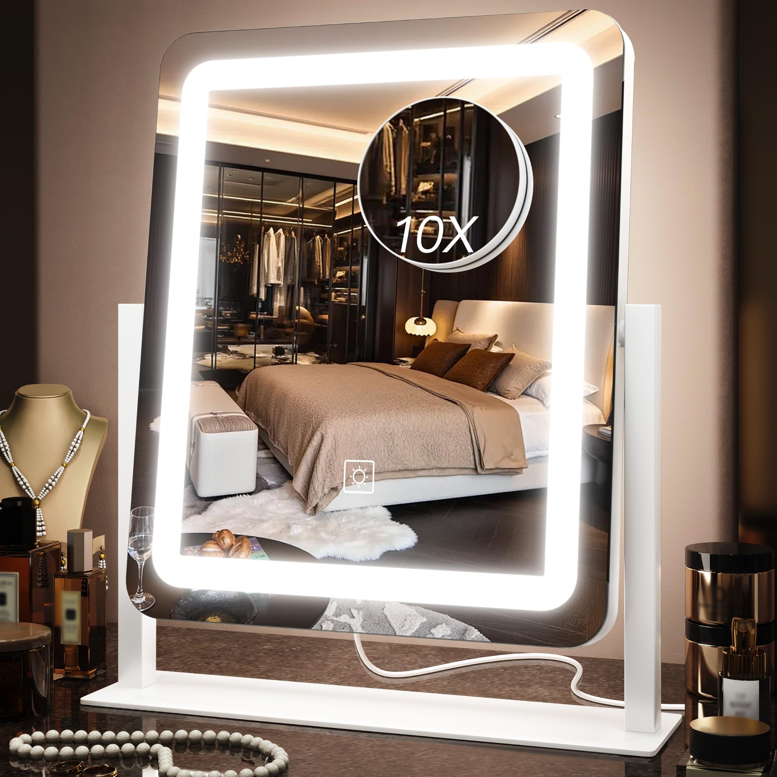 Espejo de tocador LED con luces, espejo de maquillaje iluminado con aumento, 3 luces de color de brillo ajustable, rotación de 360°, espejo cosmético desmontable para mesa de dormitorio