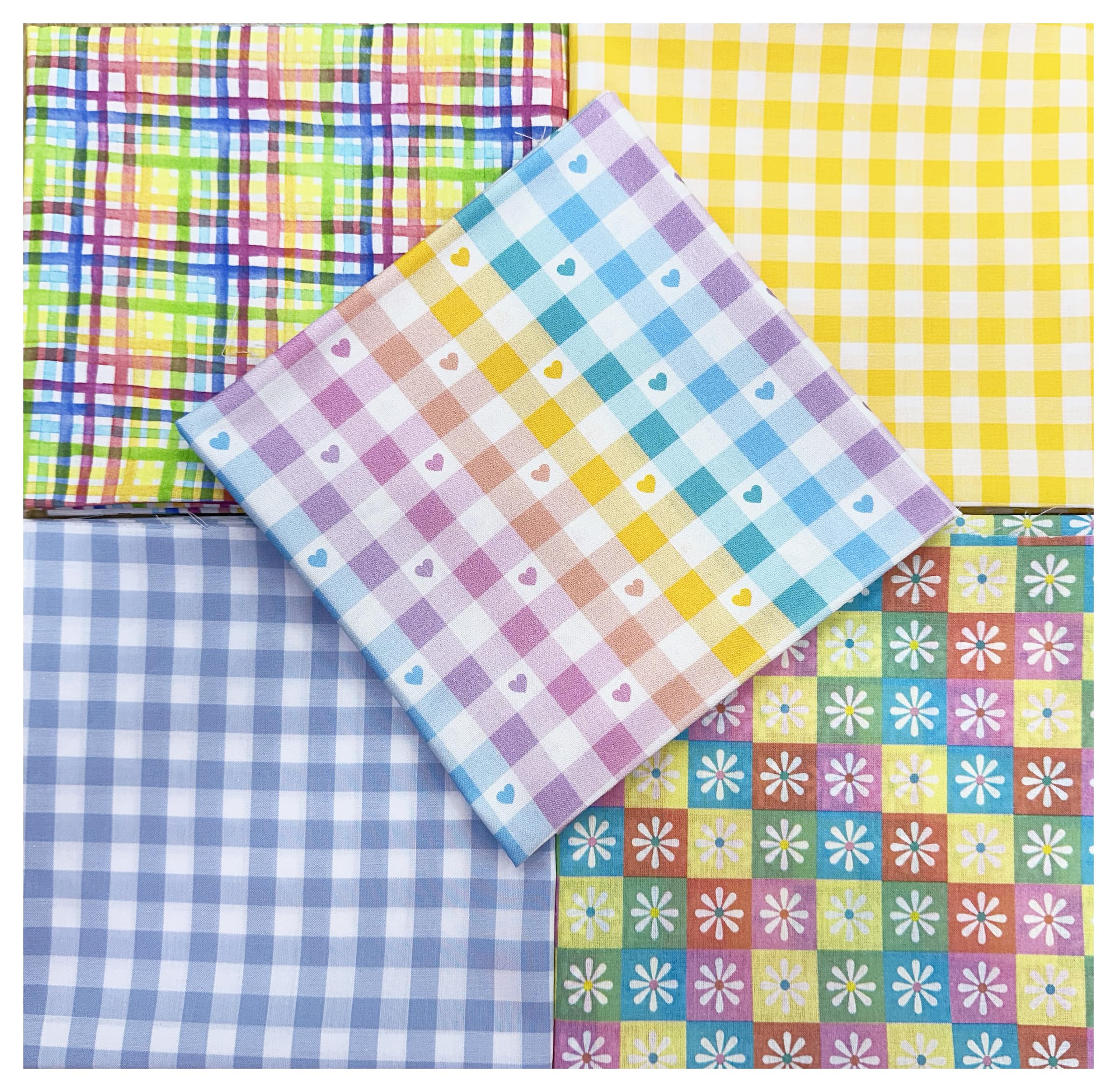 Fabric Bundle - Bright Multi Colour Rainbow Hearts Gingham - Craft Fabric Material